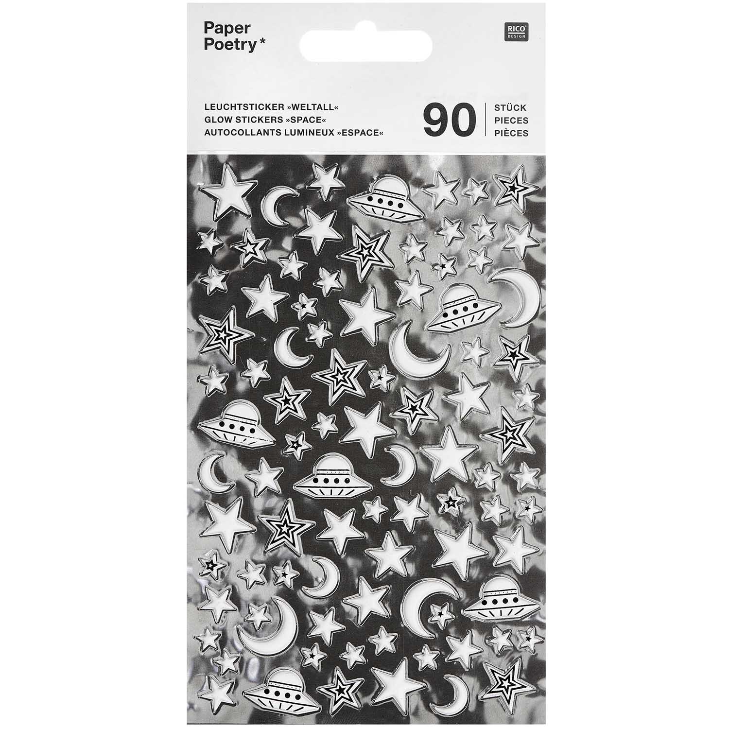 Paper Poetry Leuchtsticker Weltall: 90 silberne Sticker mit Sternen, Monden und UFOs von Rico Design. Ideal für kreative Dekorationen.