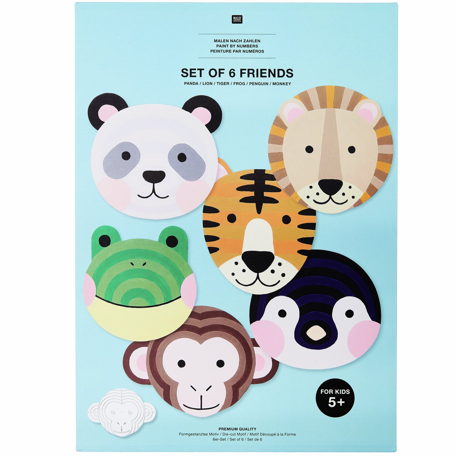 Malen nach Zahlen Kinder Set Tiere zeigt sechs Tiergesichter auf blauem Hintergrund. Ideal für kreative Kinder. Marke: Rico Design.
