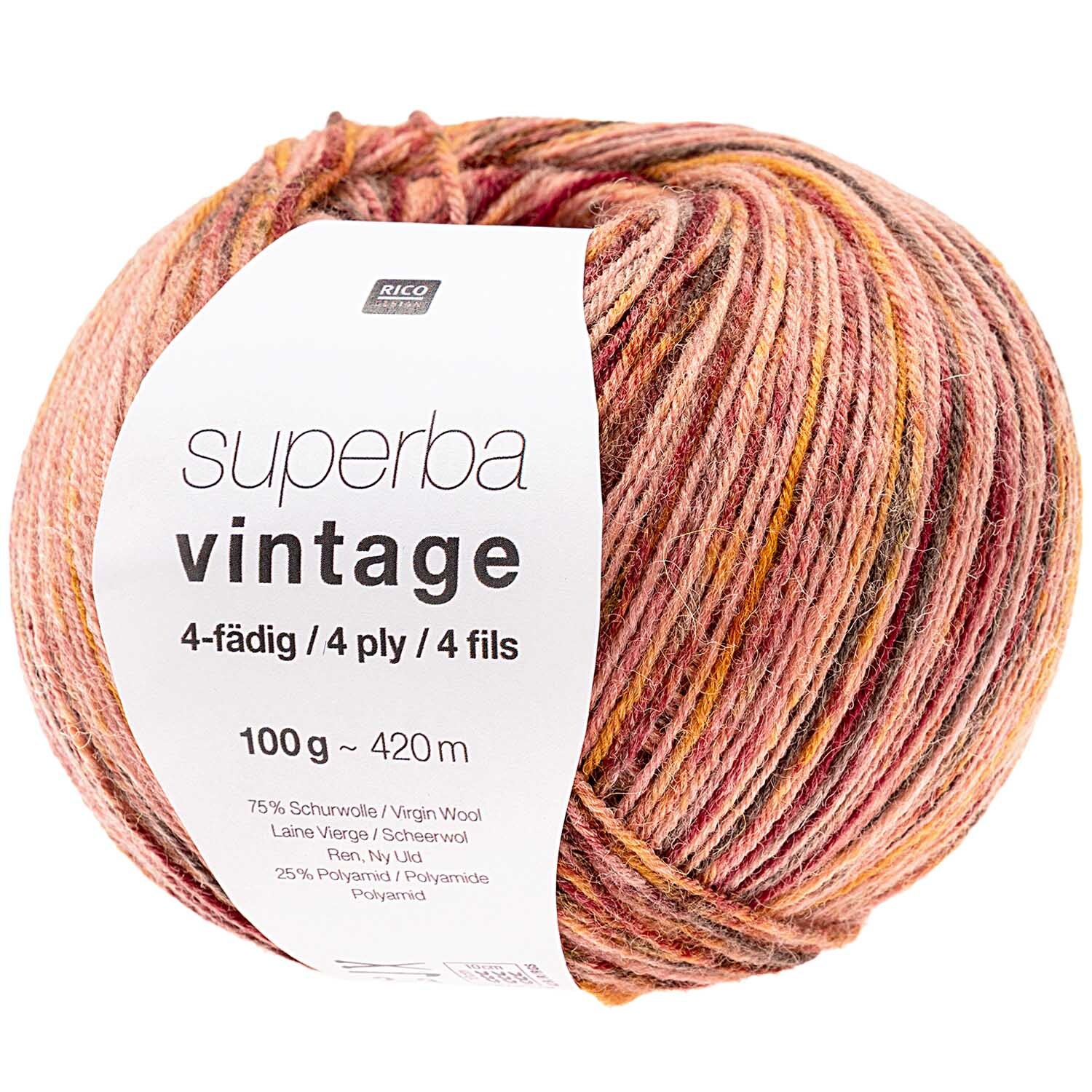 Superba Vintage 4fädig Garn in Lachs Mix von Rico Design, 100g Knäuel mit 420m Länge, ideal für Strickprojekte.