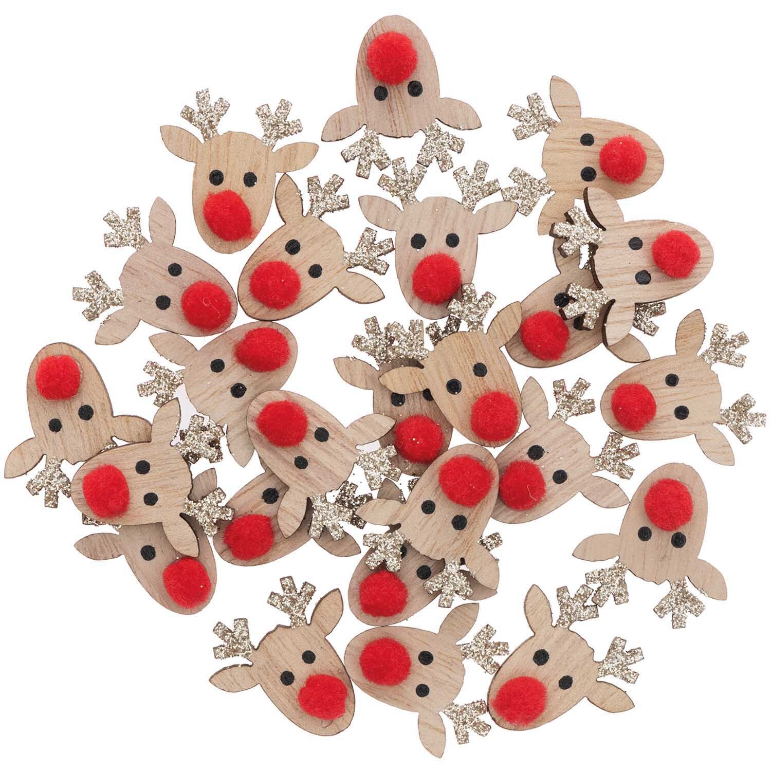 Holzstreu Rentier mit Glitter: Niedliche Rentierfiguren mit roten Nasen und glitzernden Geweihen. Ideal für festliche Dekorationen.