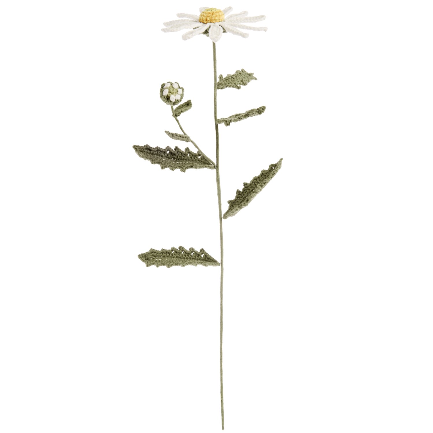 Ricorumi In the Meadow gehäkelte Wiesenblume mit langer grünlicher Stielstruktur, detailierten Blättern und offener Blüte, ideal für dekorative DIY-Projekte