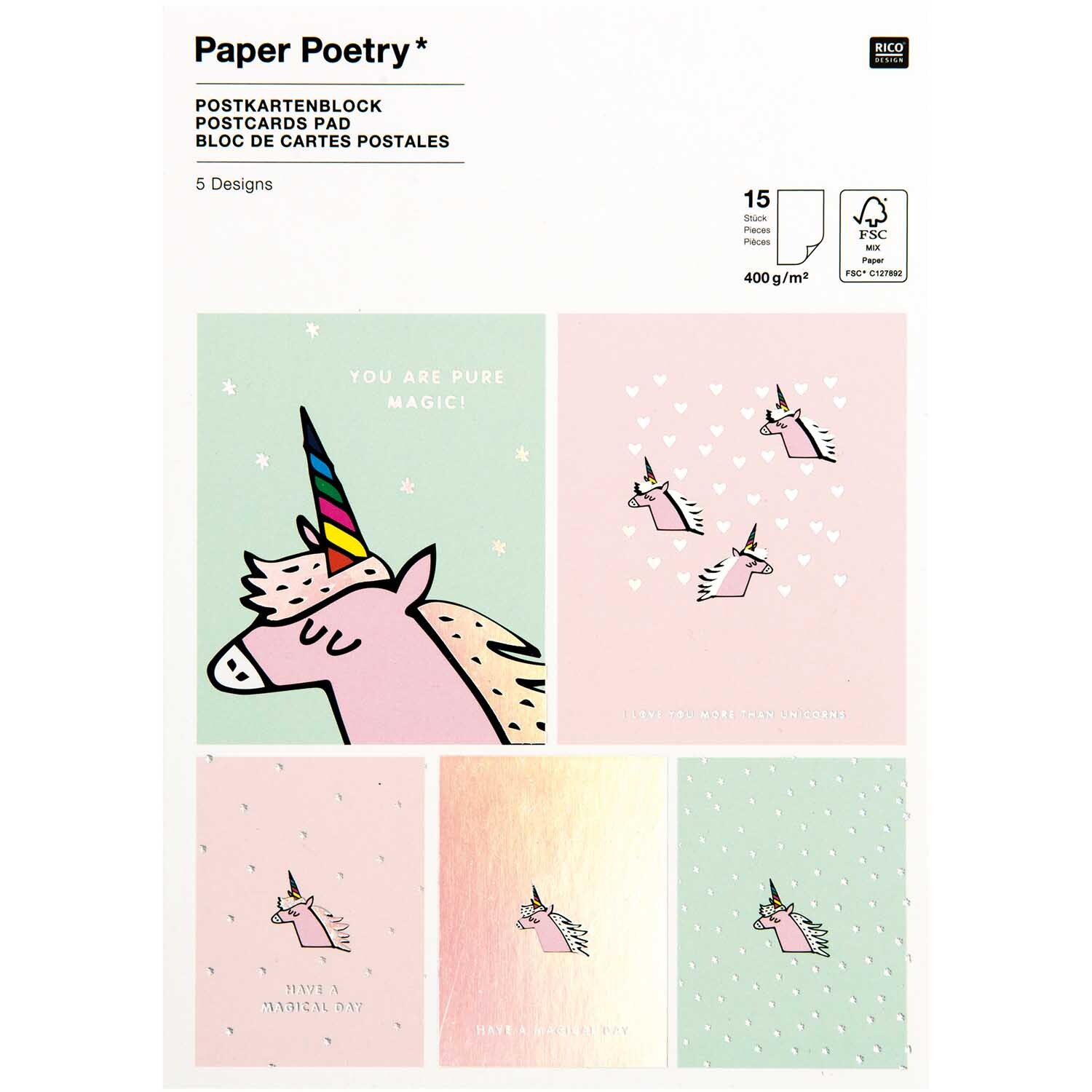 Paper Poetry Postkartenblock Einhorn mit 15 Karten, 400g/m². Enthält bunte Einhorn-Designs.
