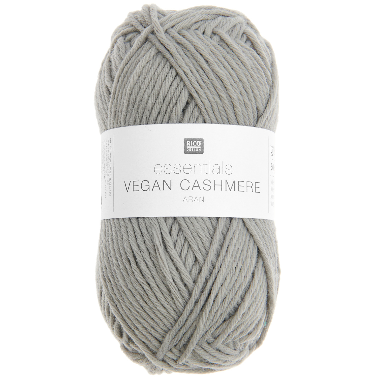 Essentials Vegan Cashmere aran Strickset in Grau von Rico Design, 50g Knäuel, ideal für weiche Strickprojekte.