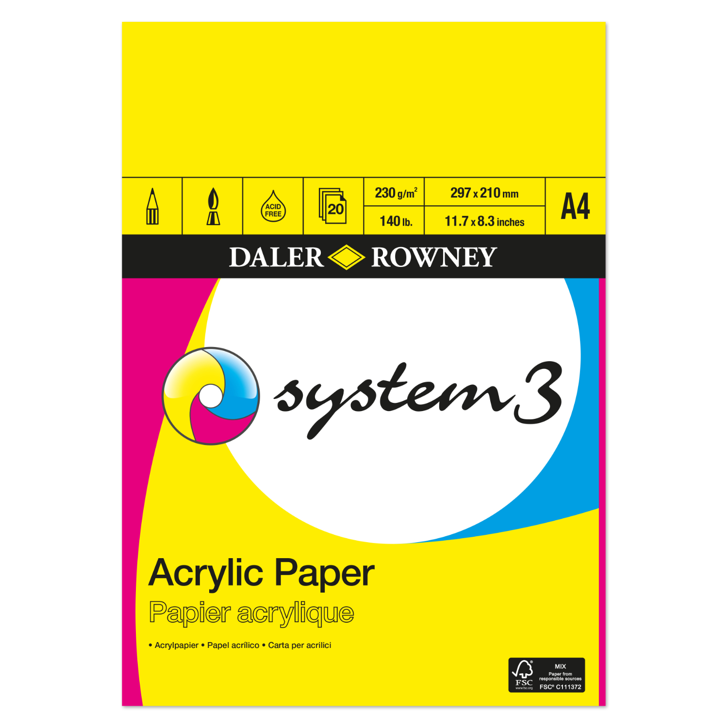 Acrylmalpapier System 3 von Daler-Rowney, DIN A4, 230g/m², 20 Blatt, gelbes Cover mit Logo.