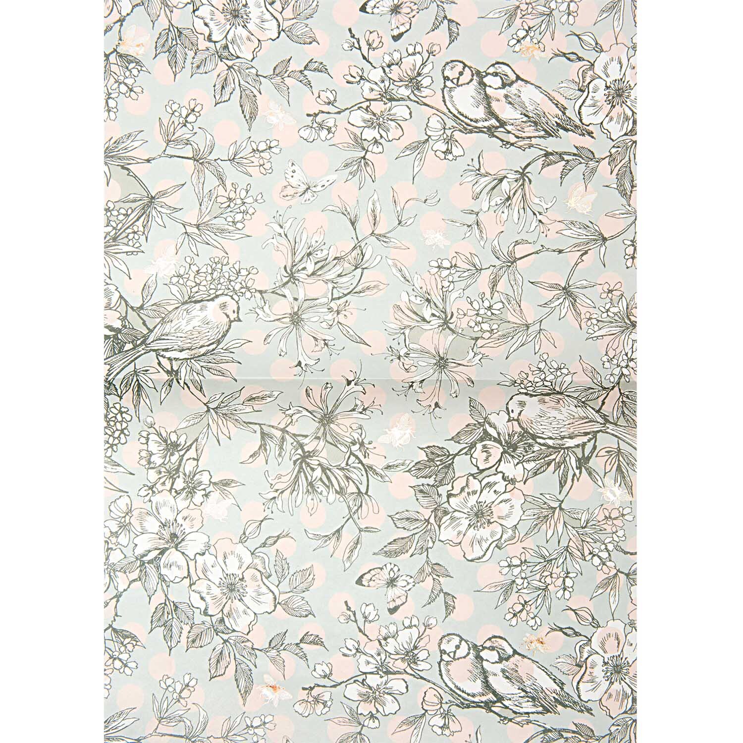 Paper Patch Papier Vögel 30x42cm Hot Foil zeigt zarte Vogel- und Blumenmuster auf mehrfarbigem Hintergrund. Ideal für kreative Projekte.