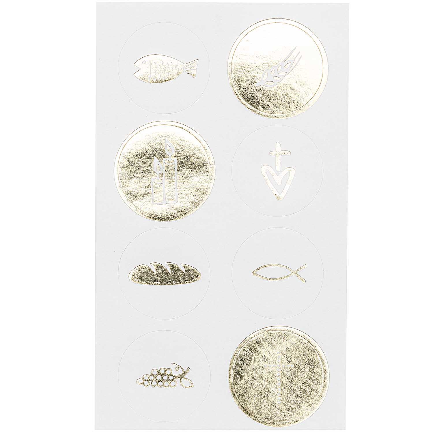 Paper Poetry Sticker Kommunion und Konfirmation gold 4 Blatt mit christlichen Symbolen auf weißem Hintergrund, ideal für festliche Dekorationen.