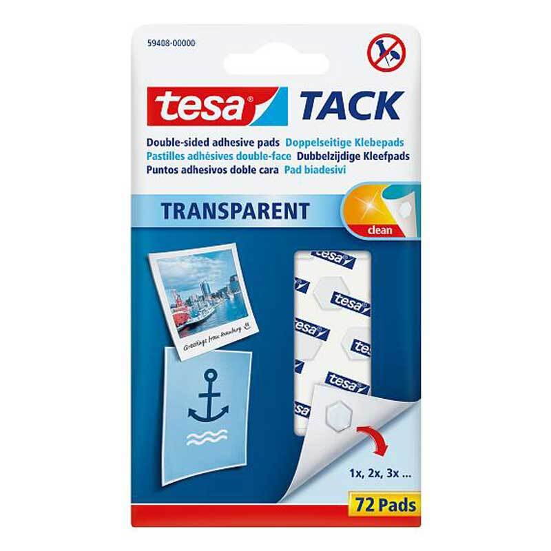 TACK Klebepads transparent 72 Stück von tesa, ideal für unsichtbare Befestigungen. Verpackung zeigt Anwendungsbeispiele und Produktdetails.
