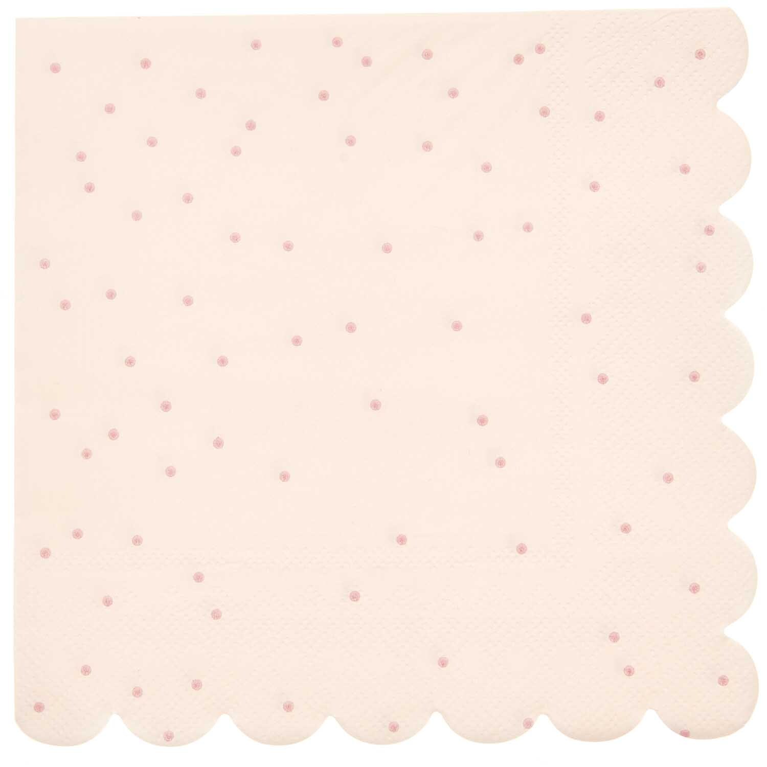Servietten Punkte Puder Pink, 32x32cm, 20 Stück. Zartes Design mit kleinen Punkten und gewelltem Rand. Ideal für stilvolle Tischdekorationen.