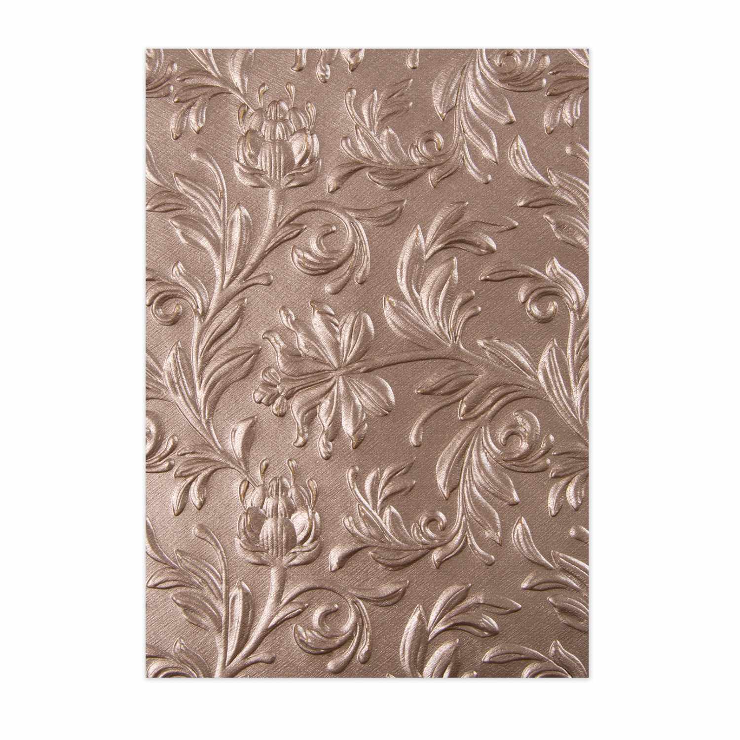 3D Textured Fades Embossing Folder Botanical zeigt ein florales Muster in Bronze von Sizzix. Ideal für kreative Bastelprojekte.