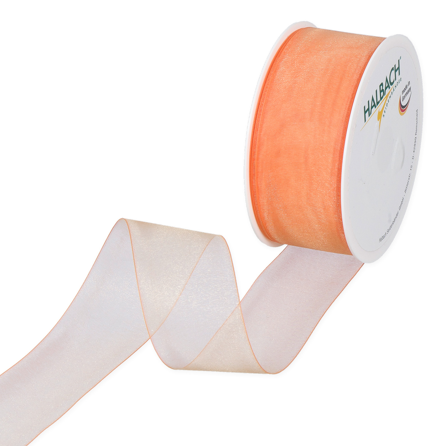 Organzaband 40mm 5m in Orange von Halbach, aufgerollt auf einer Spule, ideal für Dekorationen.