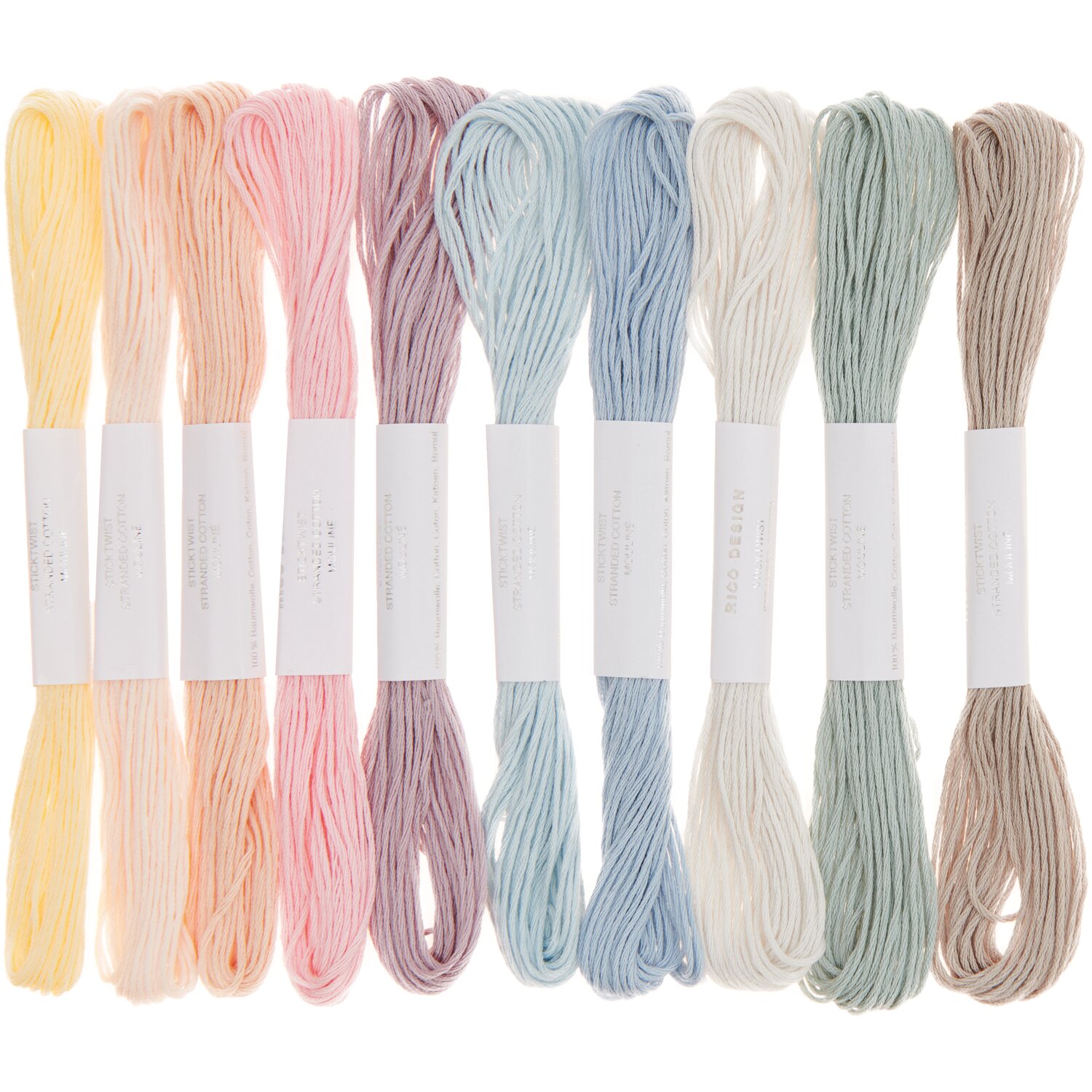 Stickgarn Set Pastell, 10-teilig, von Rico Design mit zehn feinen Garnsträngen in zarten Tönen, ideal zum Sticken, Häkeln und kreativen DIY-Projekten.