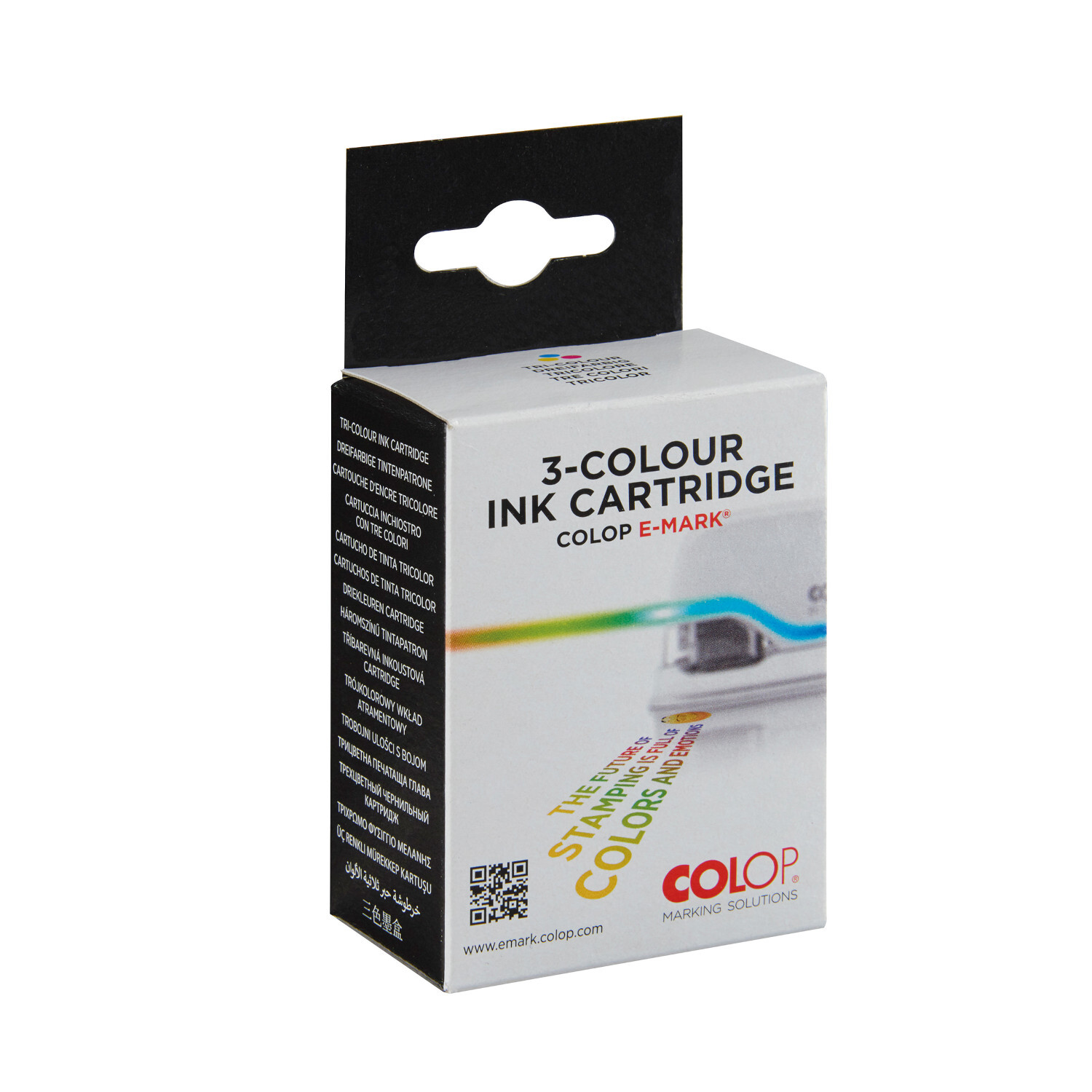 3-Farben Tintenpatrone von COLOP e-mark, Vorderansicht. Die Verpackung zeigt Cyan, Magenta und Gelb, basierend auf Farbstoffen. Ideal für präzises Drucken.