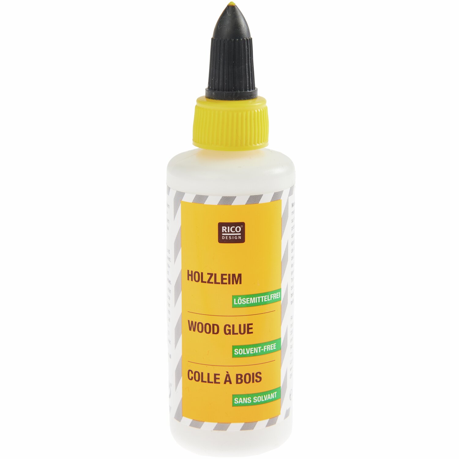 Holzleim von Rico Design in einer weißen Flasche mit gelbem Etikett und schwarzem Verschluss.