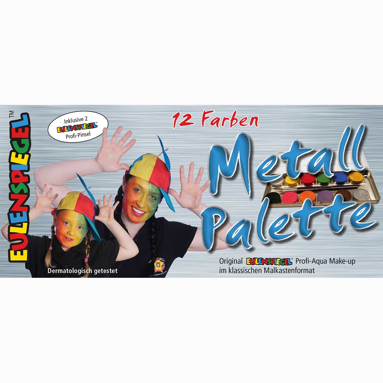 Schminkfarben 12er Set: Zwei Personen mit bemalten Gesichtern, Eulenspiegel-Logo, 12 Farben.