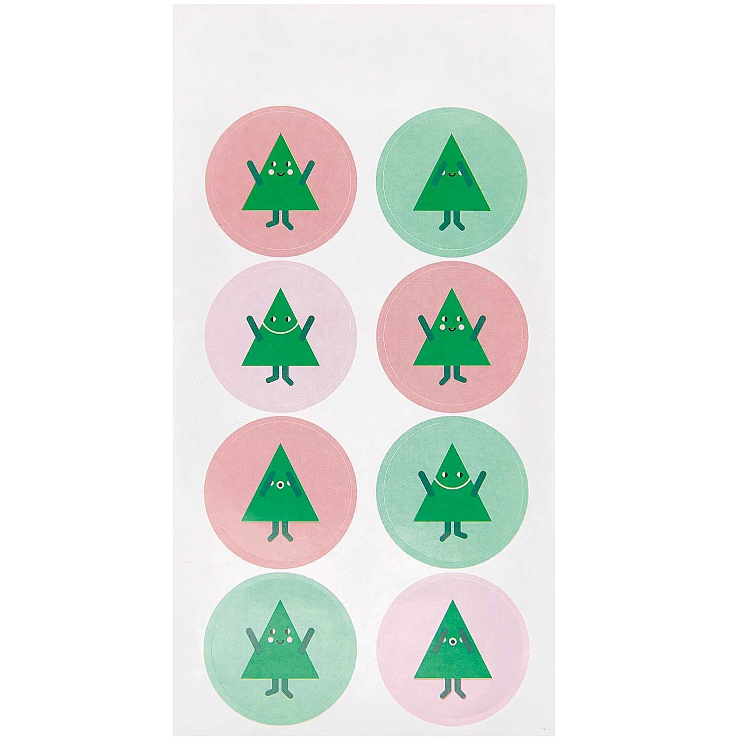 Paper Poetry Sticker Tannenbäume 4 Blatt: Neun runde Sticker mit grünen Tannenbäumen auf rosa und grünen Hintergründen.