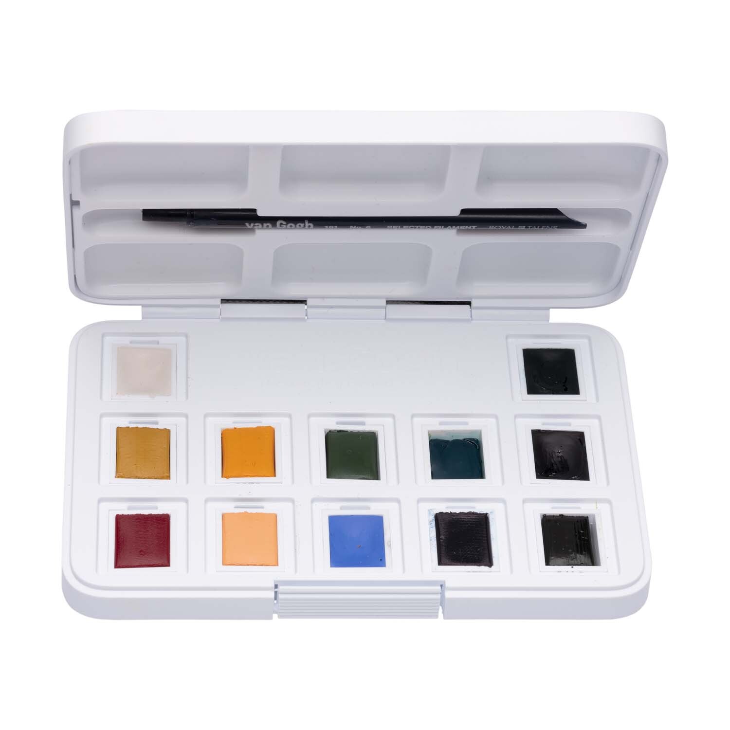 Aquarell Set gedeckte Farben 12 Näpfchen mit verschiedenen Tönen in einer weißen Box.
