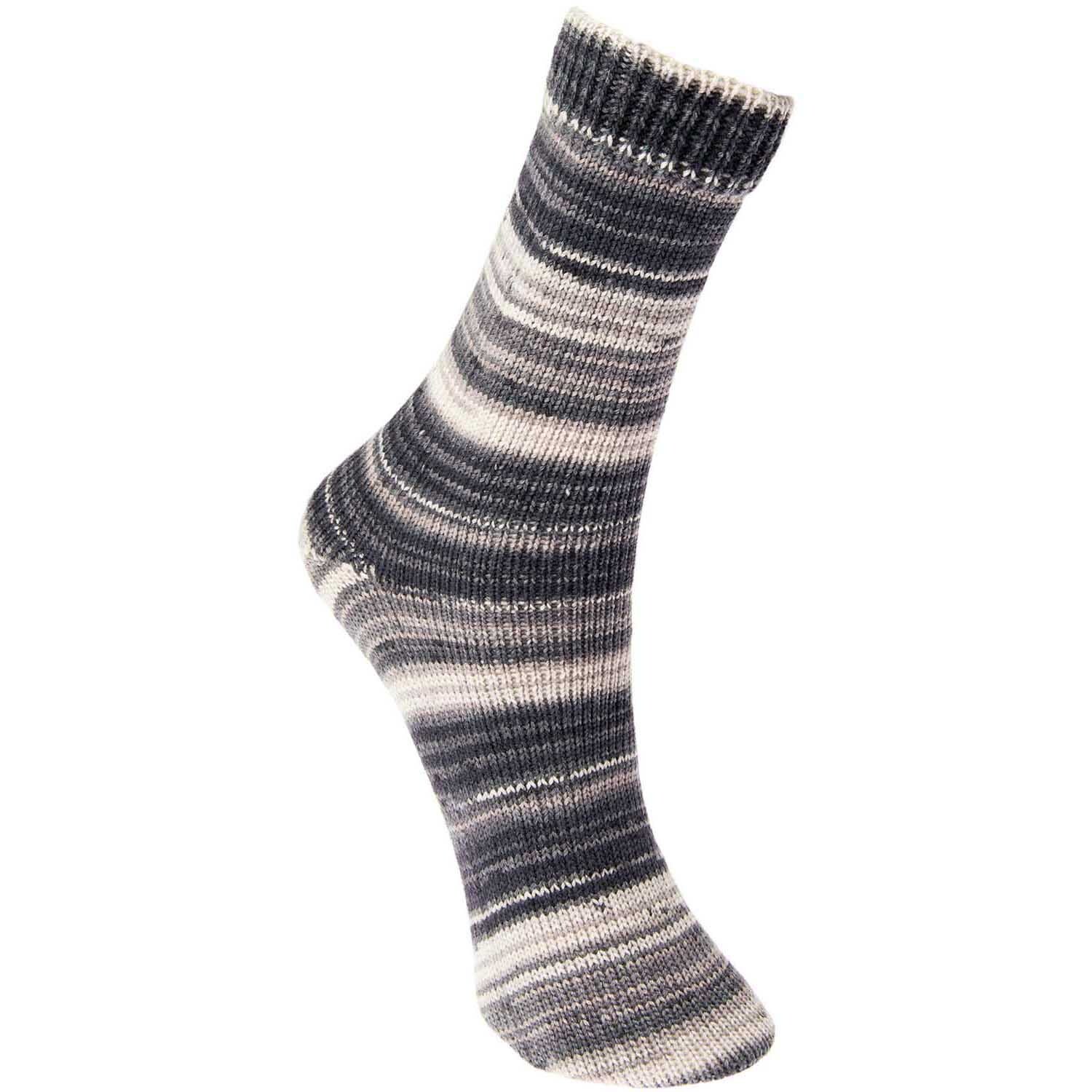 Superba Bamboo superwash: Gestrickte Socke in Anthrazit Mix von Rico Design, zeigt feine Streifenmusterung.