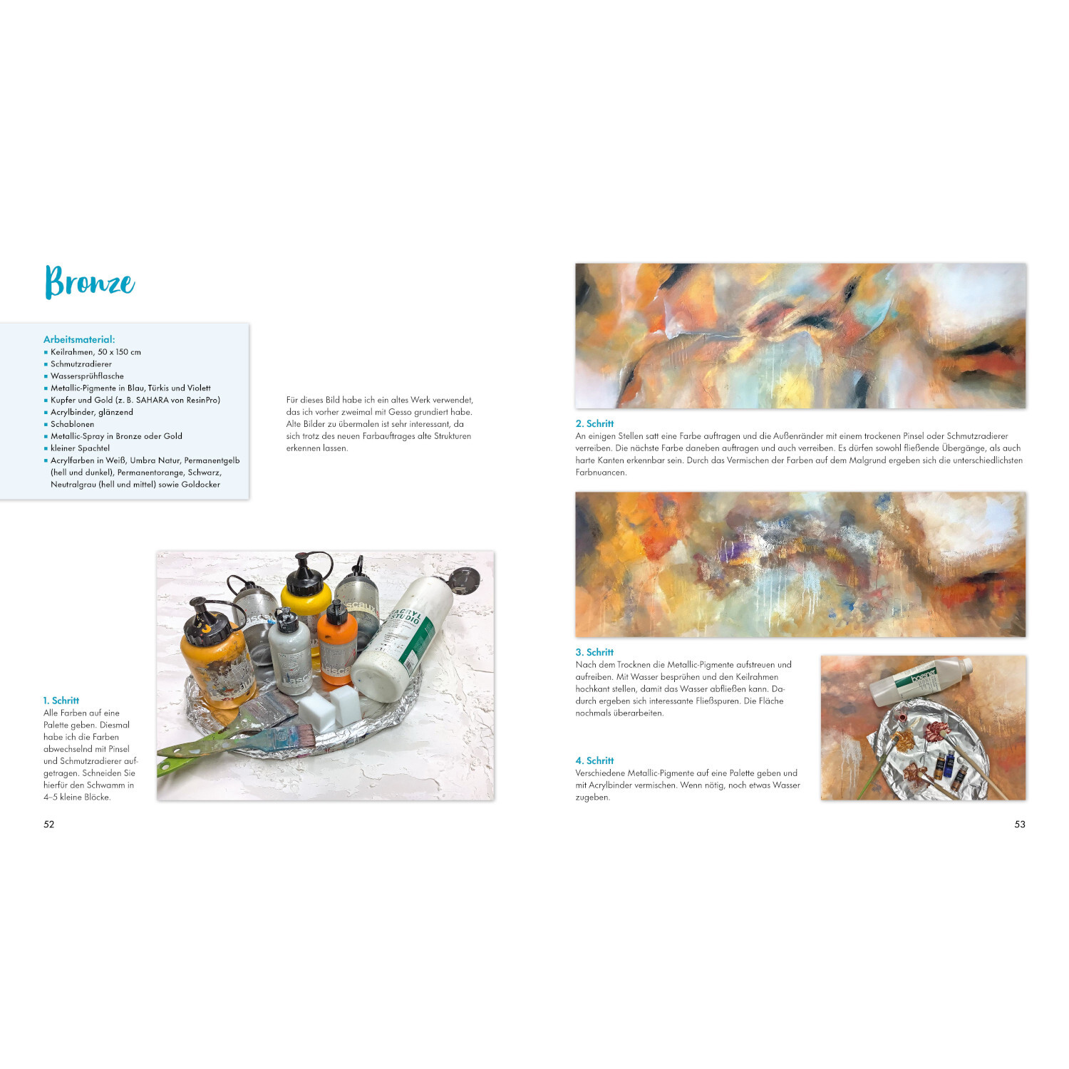 Abstrakte Bilder in Acryl malen: Anleitung mit Farben und Werkzeugen, Bronze-Töne, Christophorus Verlag.