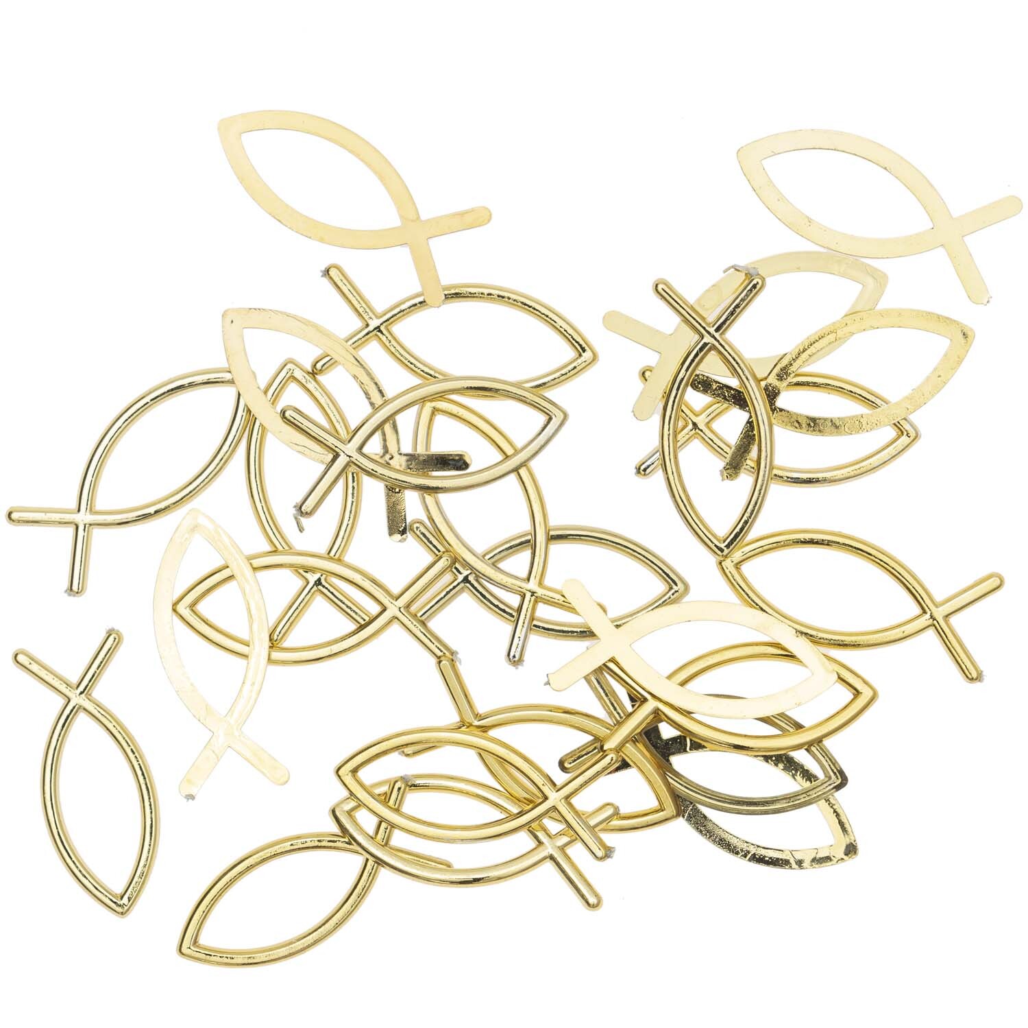 Streu "Fischsymbol" gold 3cm 24 Stück: Goldene Fischsymbole aus Metall, ideal für kreative Dekorationen.