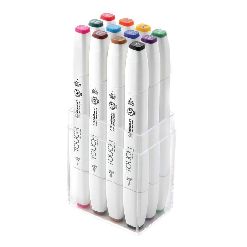 Twin Brush Marker Main Colors, 12-teiliges Set in einem transparenten Ständer, ideal für kreative Projekte.