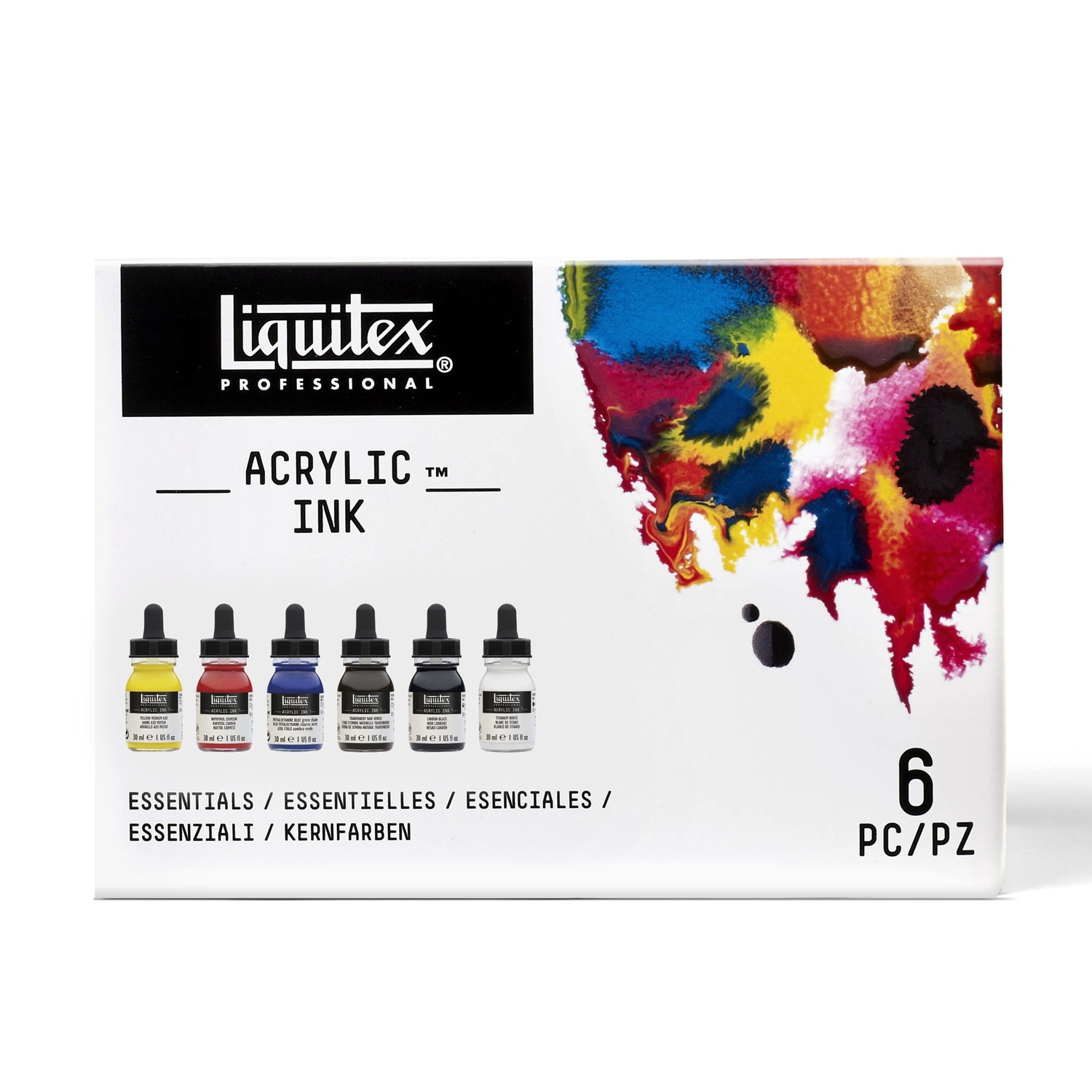 Ink flüssige Acrylfarbe Set Basics 6x30ml von Liquitex, zeigt bunte Flaschen vor einem farbenfrohen Hintergrund.