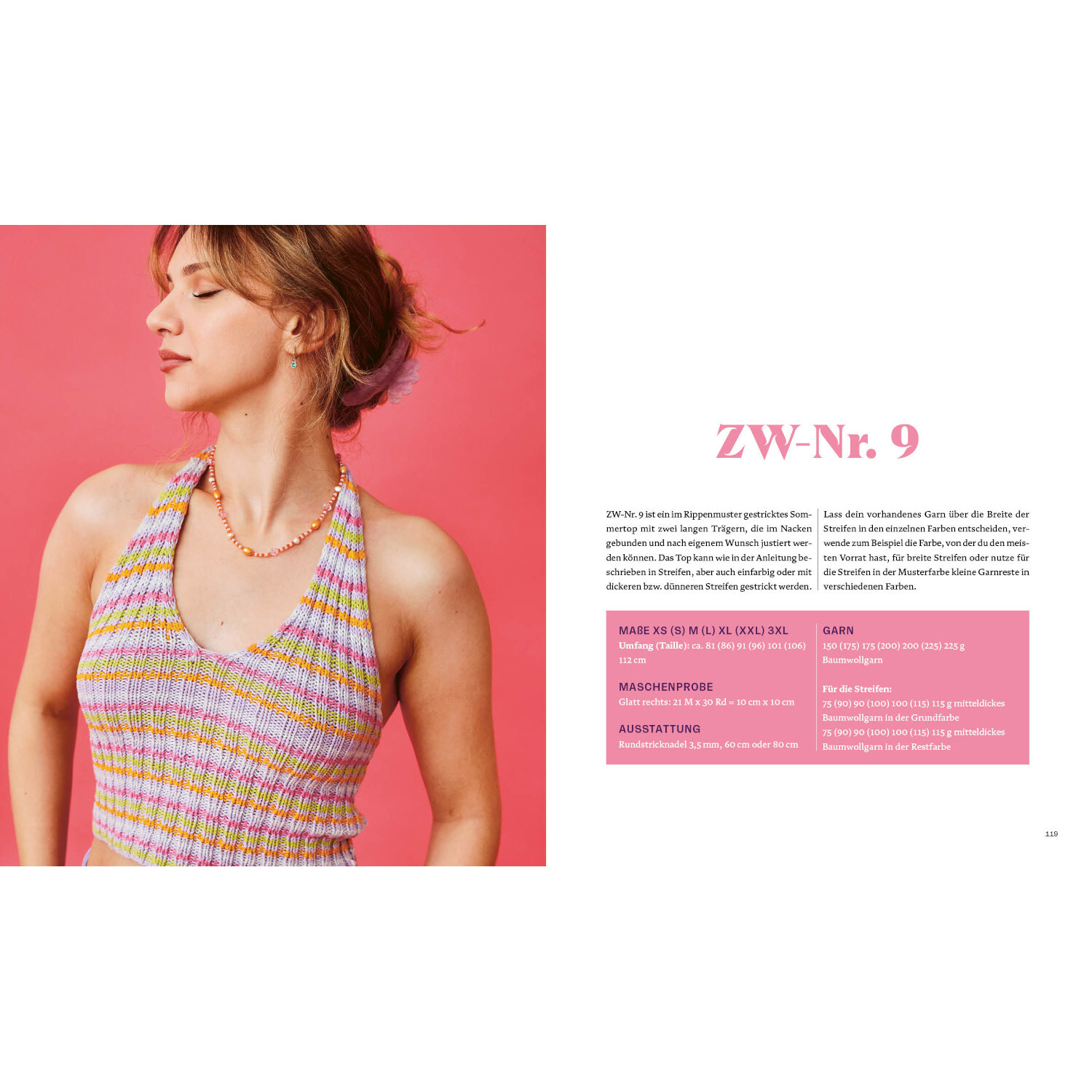 Restgarn-Remix Stricken: Frau in buntem, gestricktem Top vor rosa Hintergrund, lässig posierend.