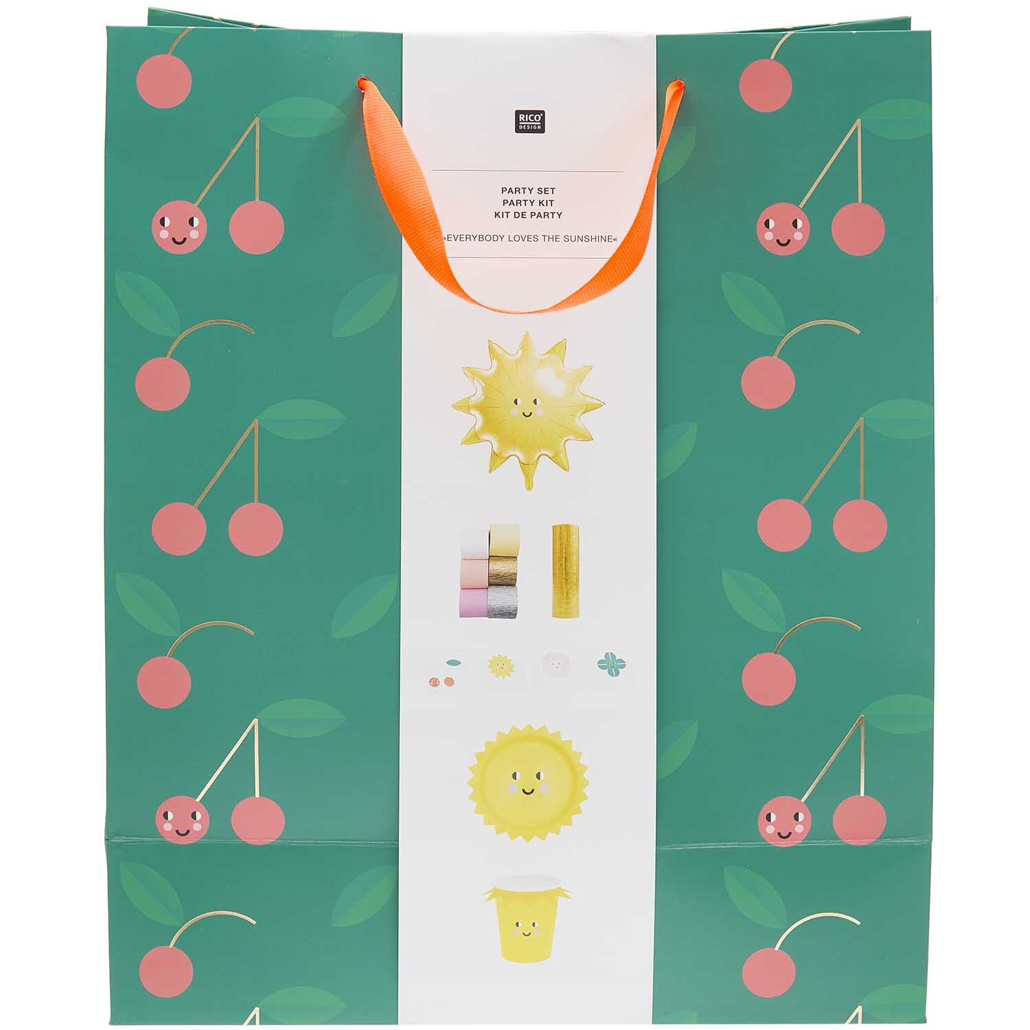 Party Set Everybody Loves The Sunshine: Fröhliche Geschenktüte mit Kirschen und Sonnendesign von Rico Design. Ideal für sommerliche Anlässe.