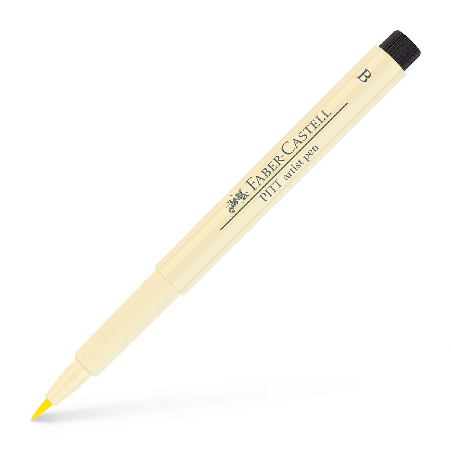 PITT artist pen brush von Faber Castell in Elfenbein mit gelber Spitze auf schwarzem Hintergrund.