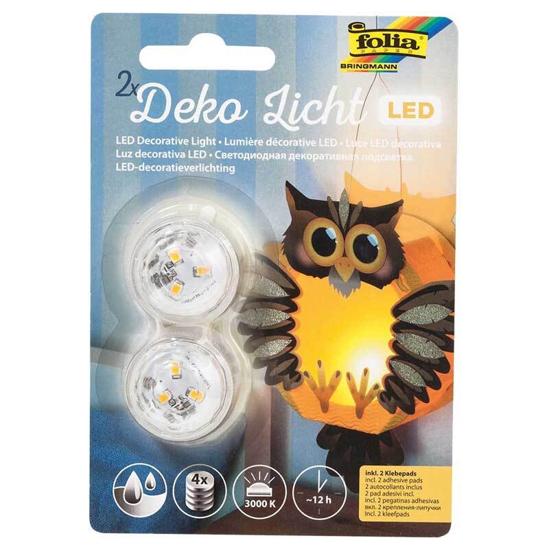 LED Deko-Licht warmweiß 2 Stück von folia: Zwei runde LED-Lichter auf einer Verpackung mit Eulenmotiv. Ideal für stimmungsvolle Beleuchtung.