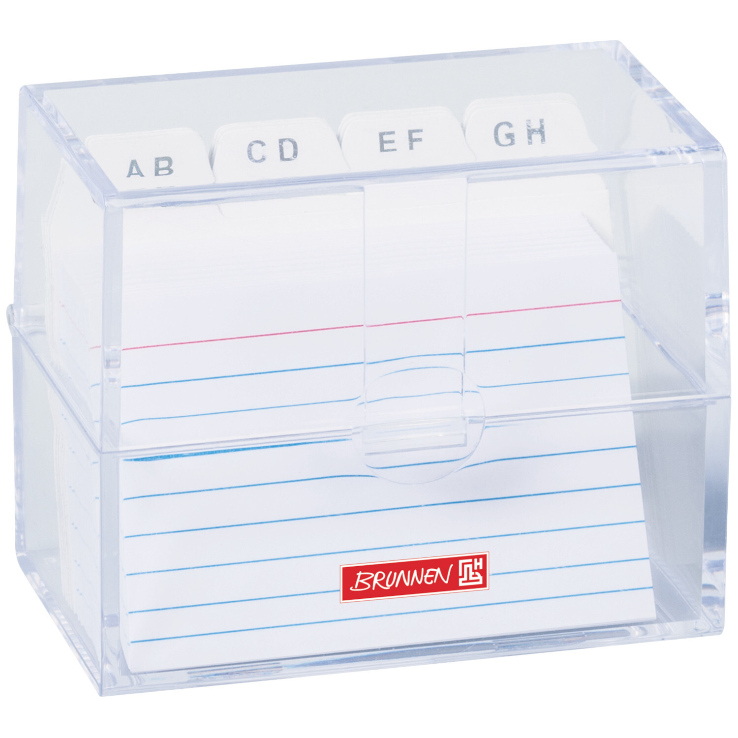 Karteibox A8 mit transparentem Design, gefüllt mit Karteikarten, Marke Brunnen, ideal für Organisation.