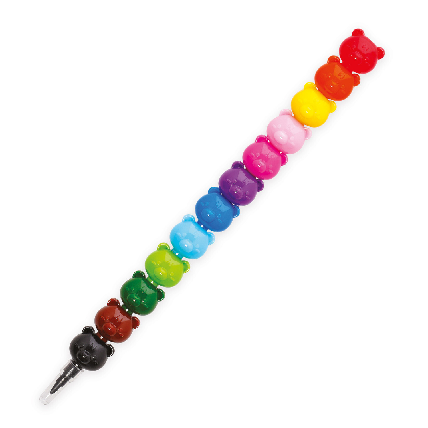 Stapelbare Buntstifte Teddy, 12-teilig: Bunte Bärenköpfe in einer Reihe, ideal für kreatives Malen.