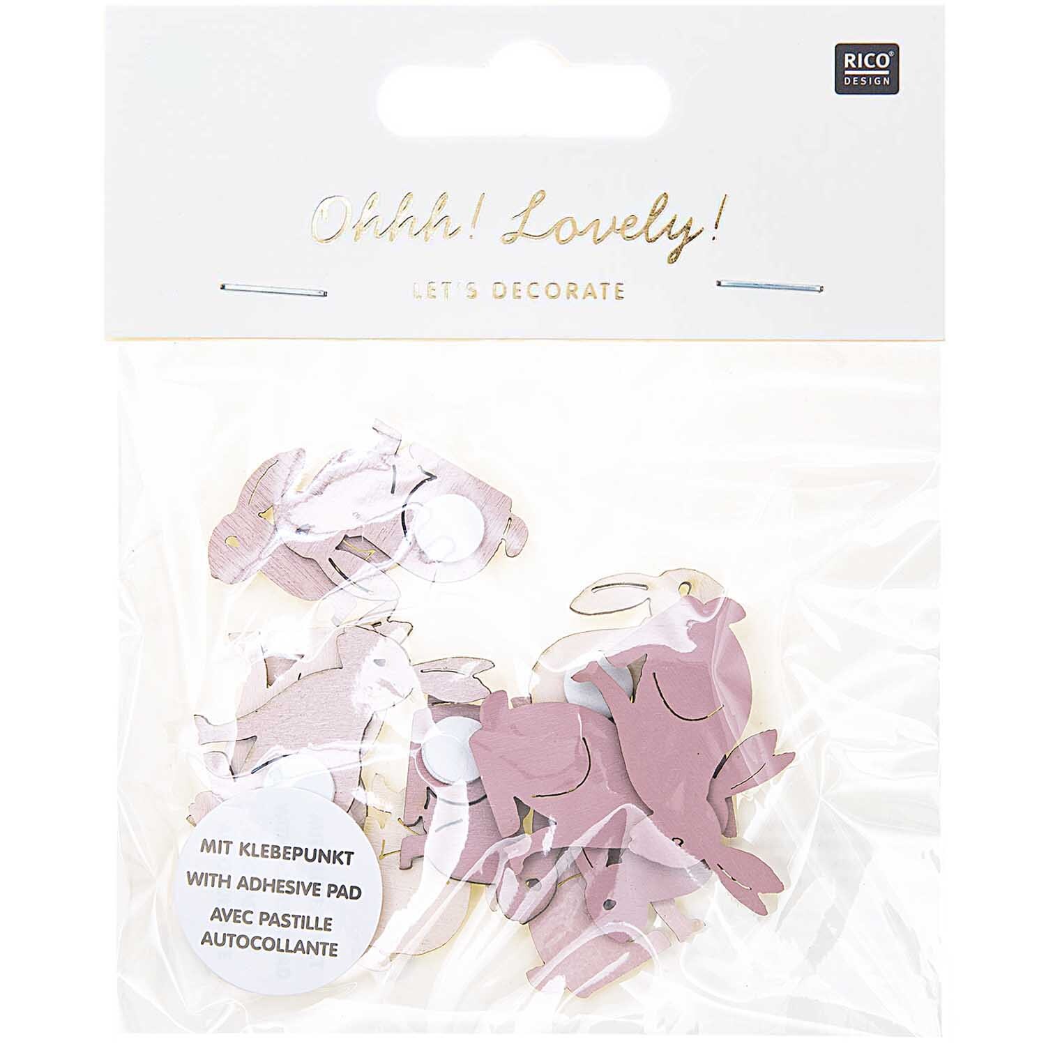 Holzsticker Hase klein 12 Stück: Rosa Hasensticker von Rico Design in einer transparenten Verpackung. Ideal zum Dekorieren und Basteln.