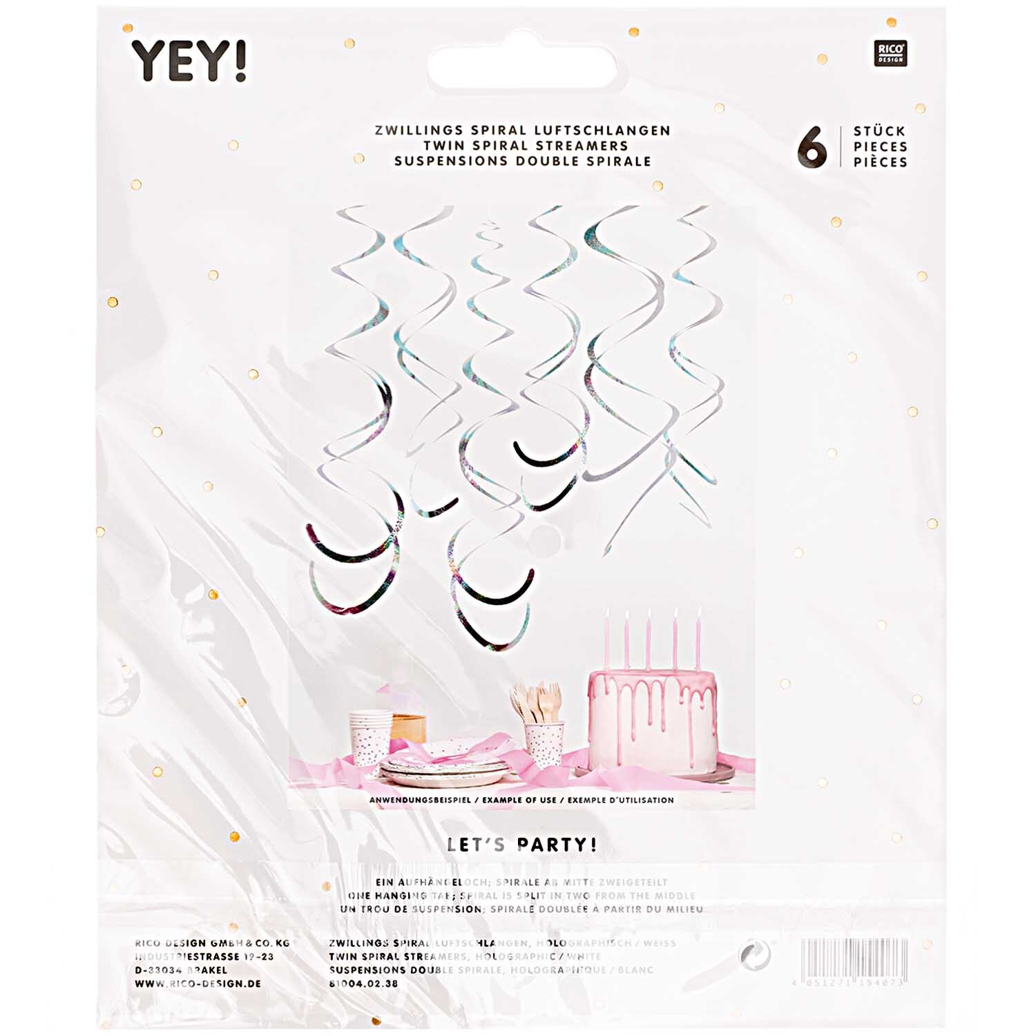 Spiralluftschlangen 60cm 6 Stück, holographisch-weiß, von Rico Design, dekorieren einen Partytisch mit Kuchen und Partyzubehör.