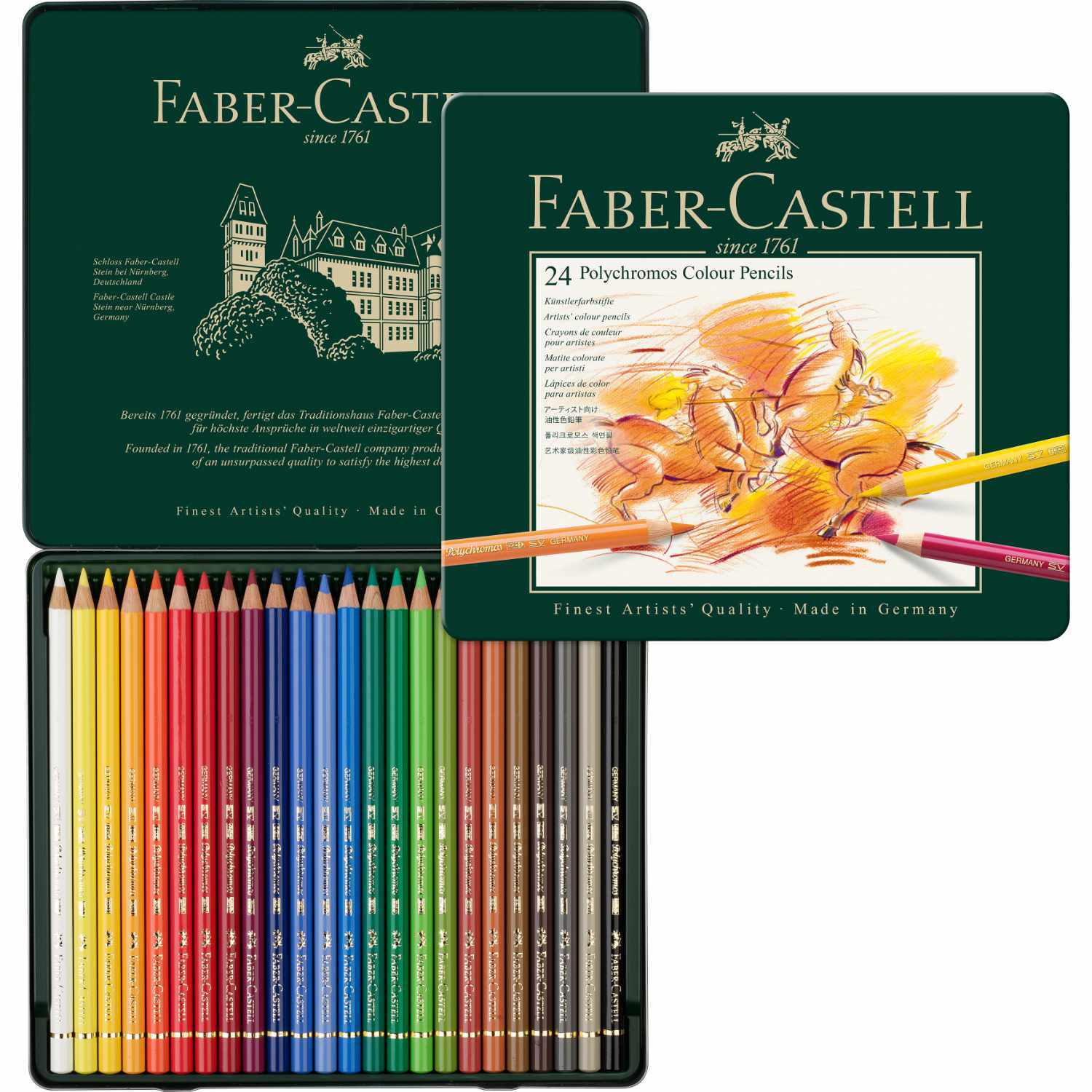 Polychromos Farbstifte Metalletui mit 24 bunten Stiften von Faber Castell, ideal für Künstler.