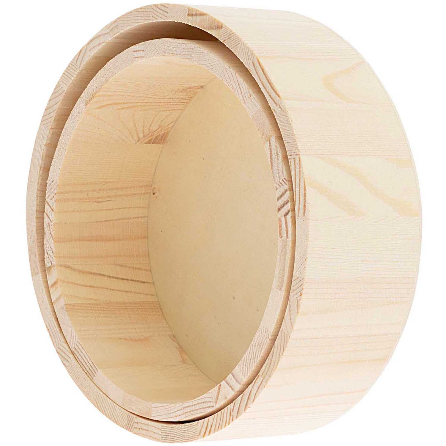 Holz-Dekotabletts rund von Rico Design, 2-teilig. Runde Tabletts aus hellem Holz, ineinander gestapelt.