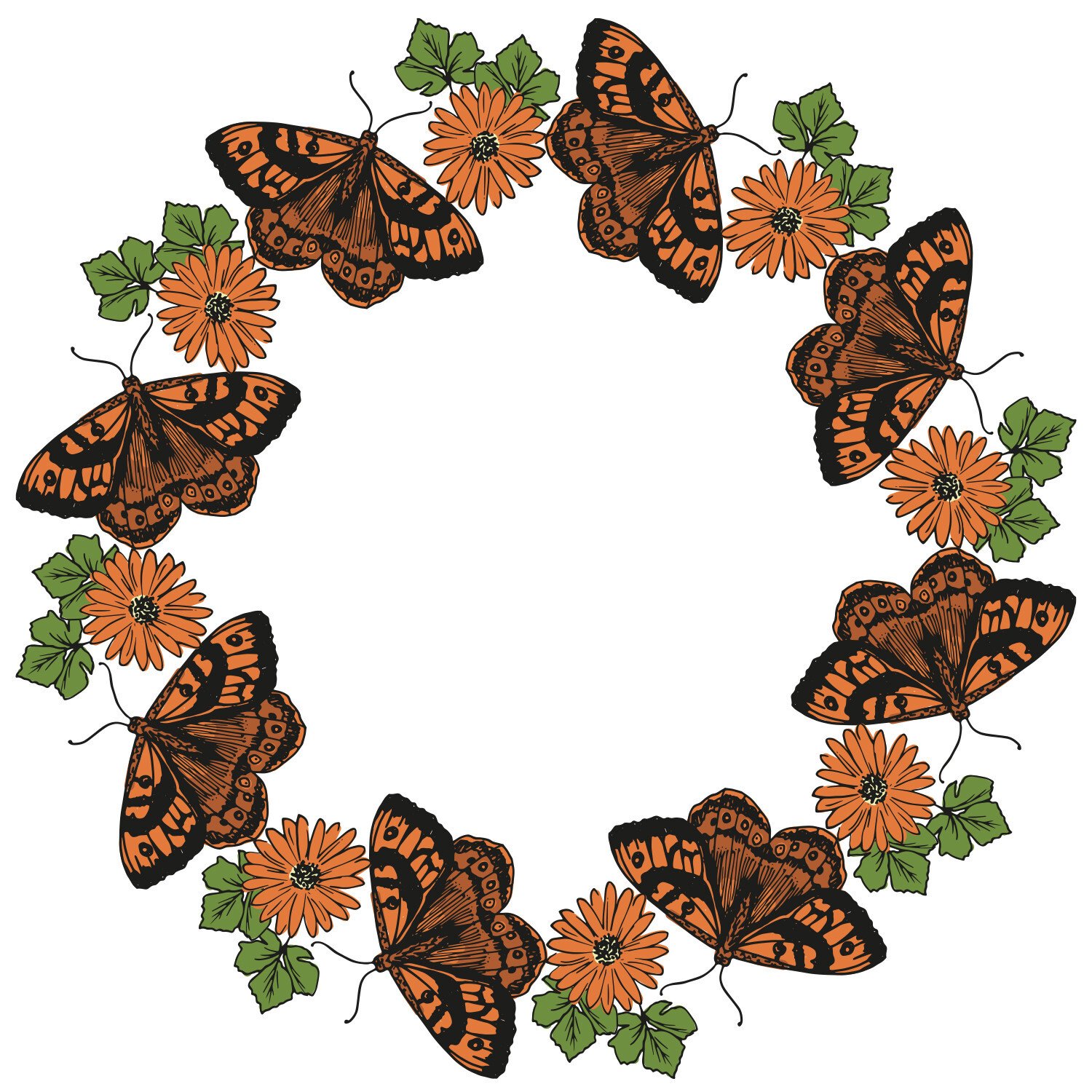 Klarsichtstempel-Set "Nature Butterflies": Kreis aus orangefarbenen Schmetterlingen und Blumen.