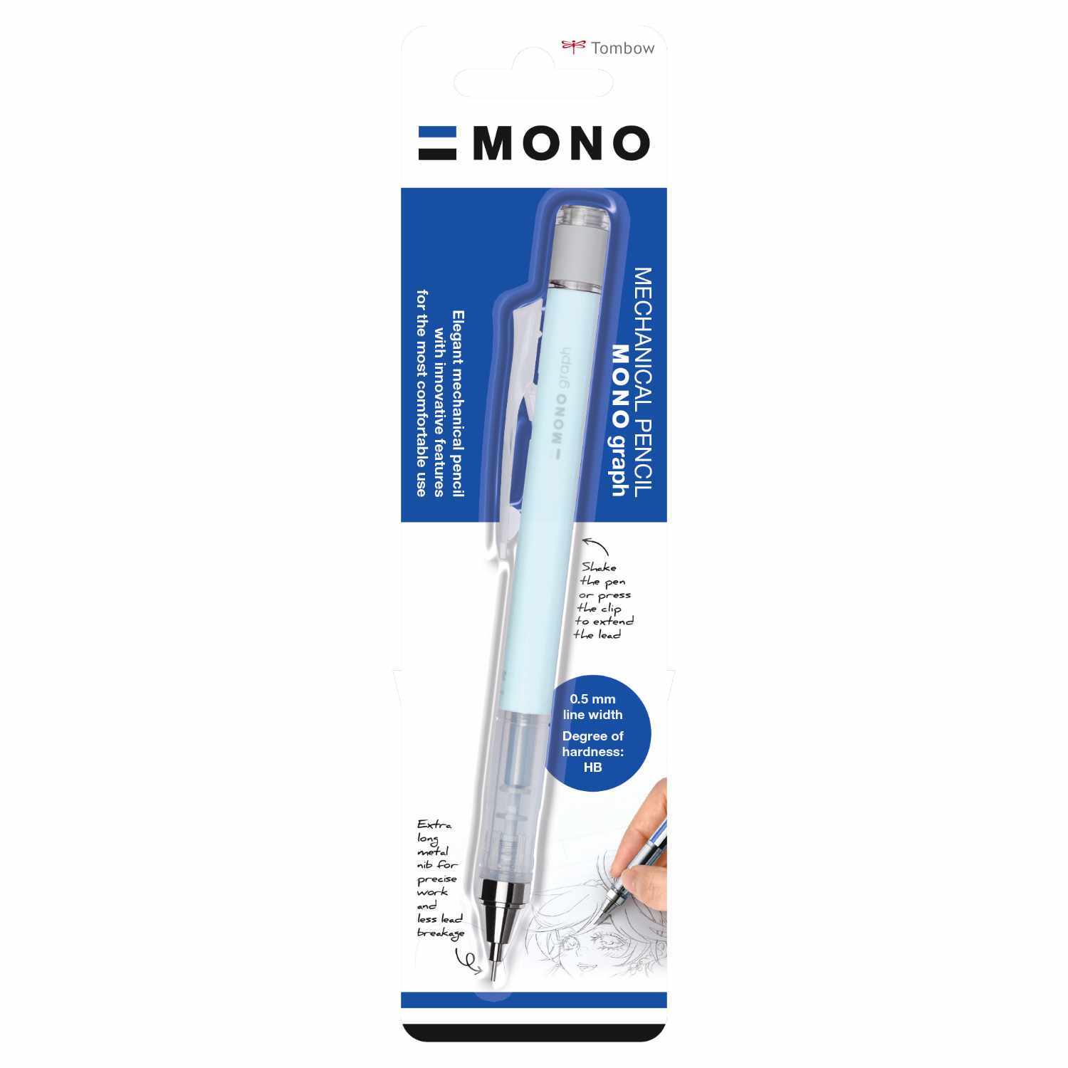 MONO graph Druckbleistift in Eisblau von Tombow, abgebildet in der Verpackung mit ergonomischem Design.