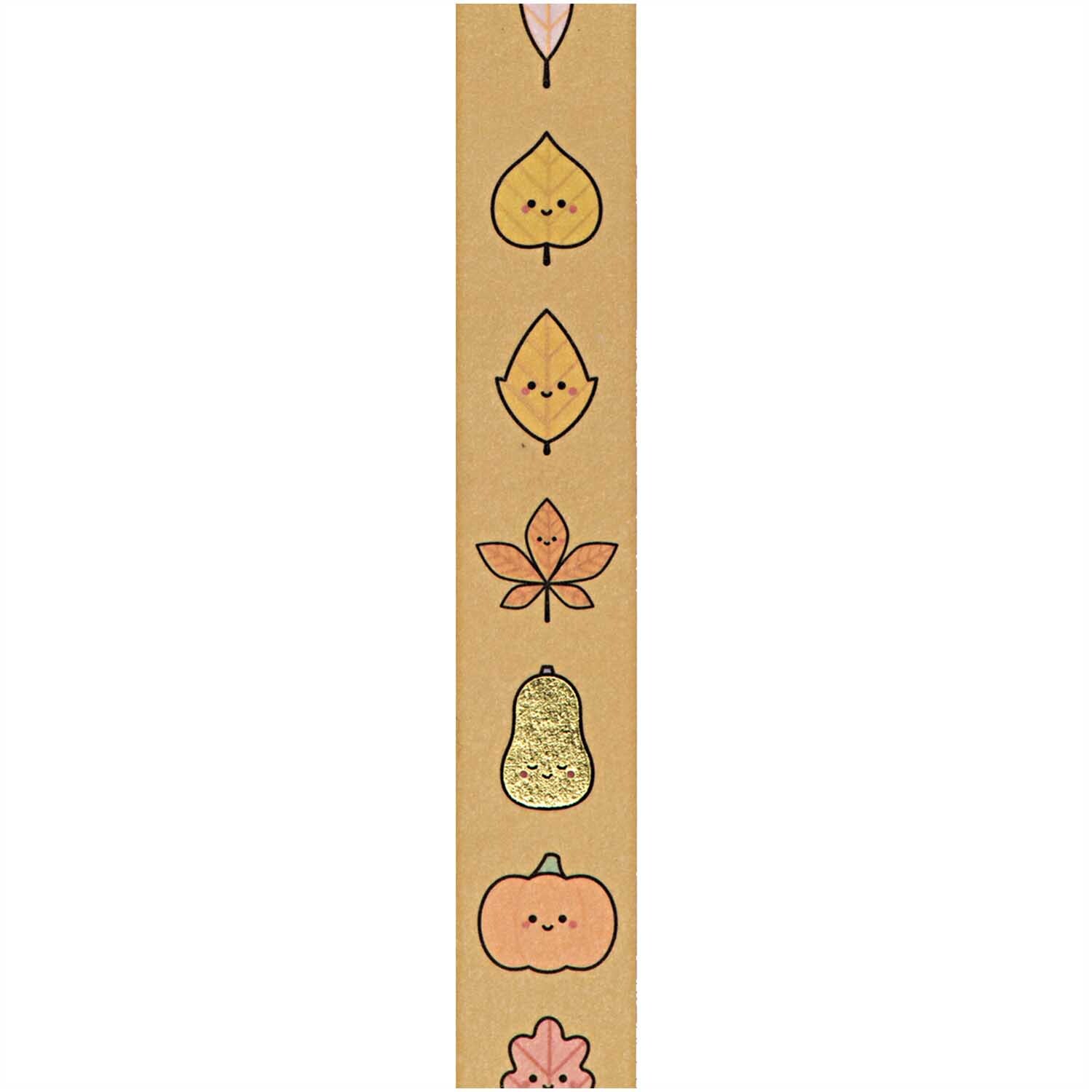 Paper Poetry Tape Blätter 1,5cm 10m mit niedlichen Herbstmotiven wie Blätter, Birne und Kürbis auf braunem Hintergrund von Rico Design.