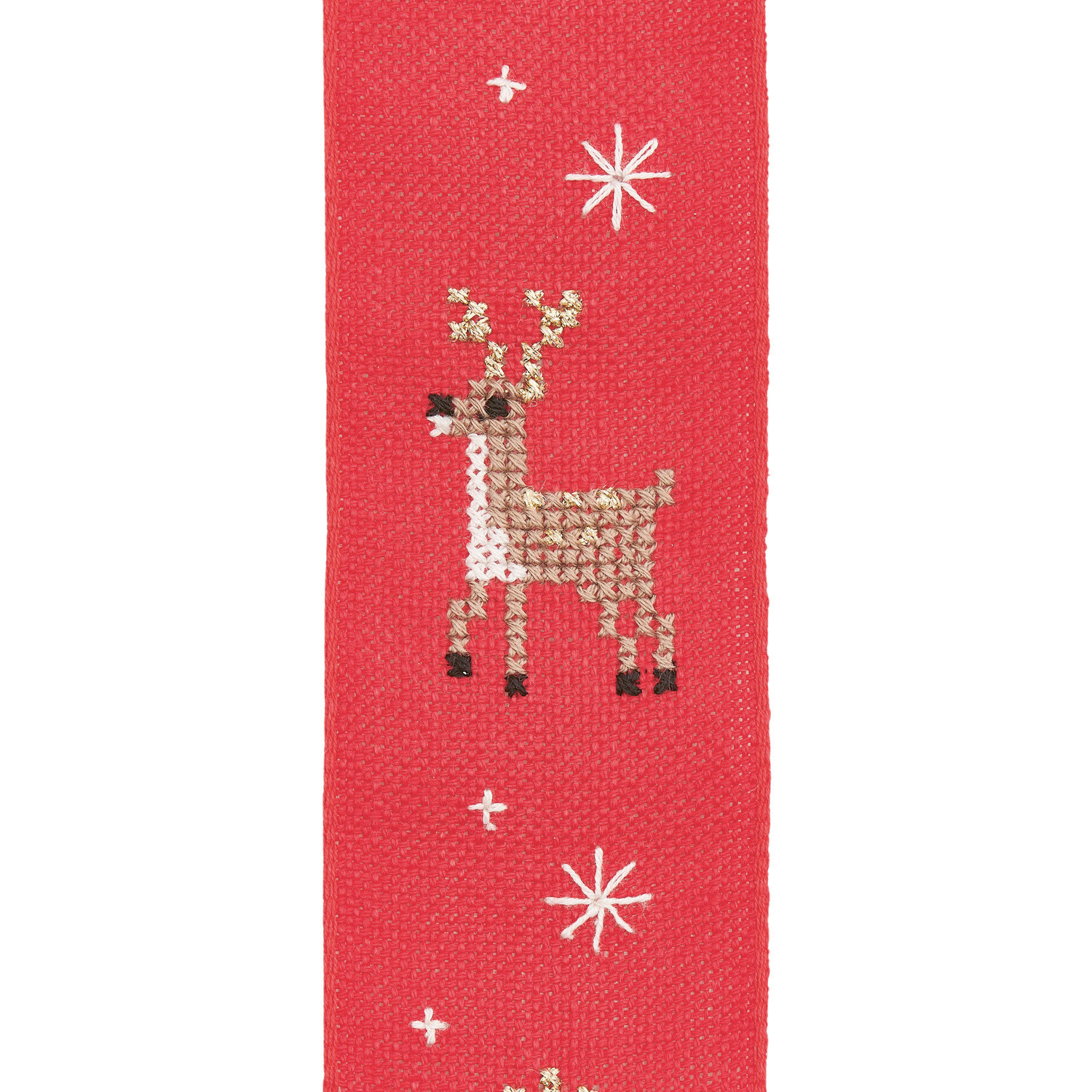 Stickpackung Schleife It's Christmas Time zeigt ein rotes Band mit Rentier- und Sternmotiv. Größe: 22x58cm.