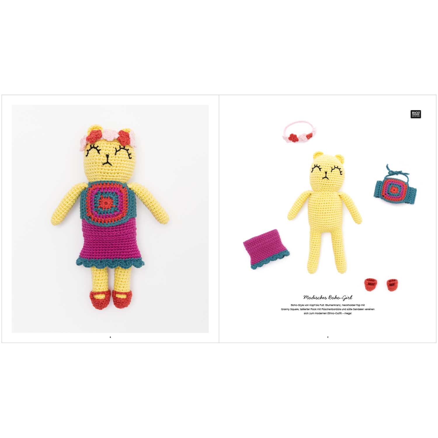 Ricorumi Dress Me deutsch: Gehäkelte Puppe mit buntem Kleid und Zubehör von Rico Design, ideal zum Ankleiden.
