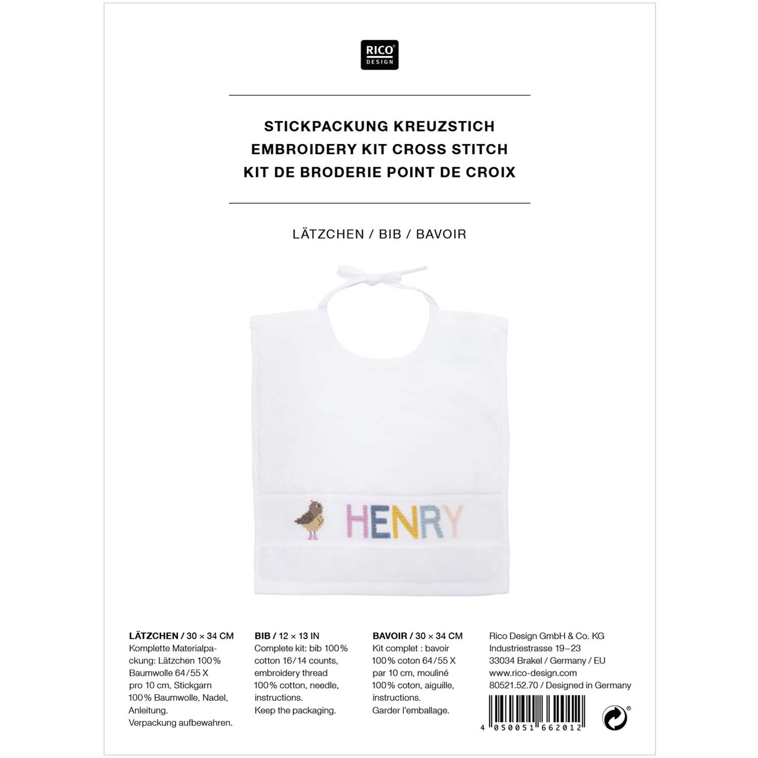 Stickpackung Lätzchen Tiere & Alphabet von Rico Design