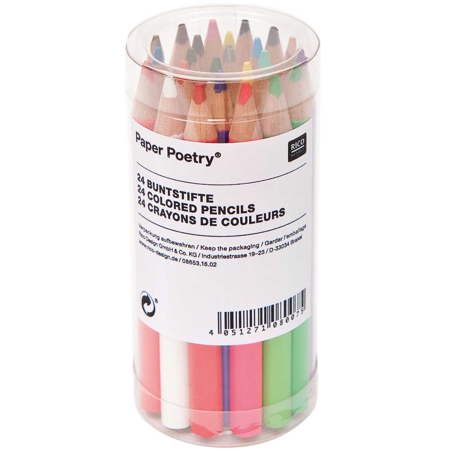 Paper Poetry Buntstifte kurz 24 Stück in einer transparenten Verpackung, ideal für kreative Projekte.