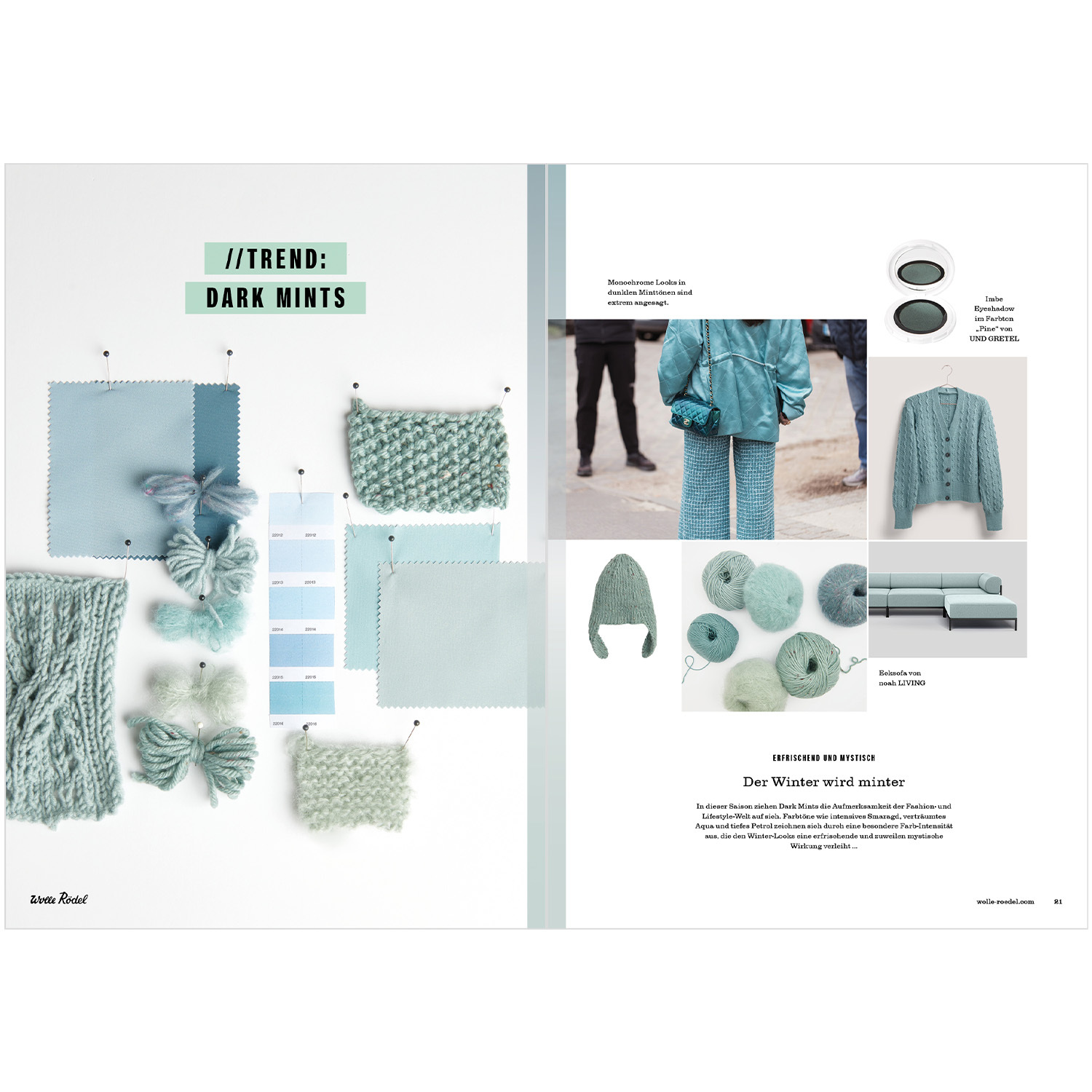 Die Neue Masche Nr. 08 Winter: Collage in Minttönen mit Strickmustern und Garnen von Wolle Rödel.