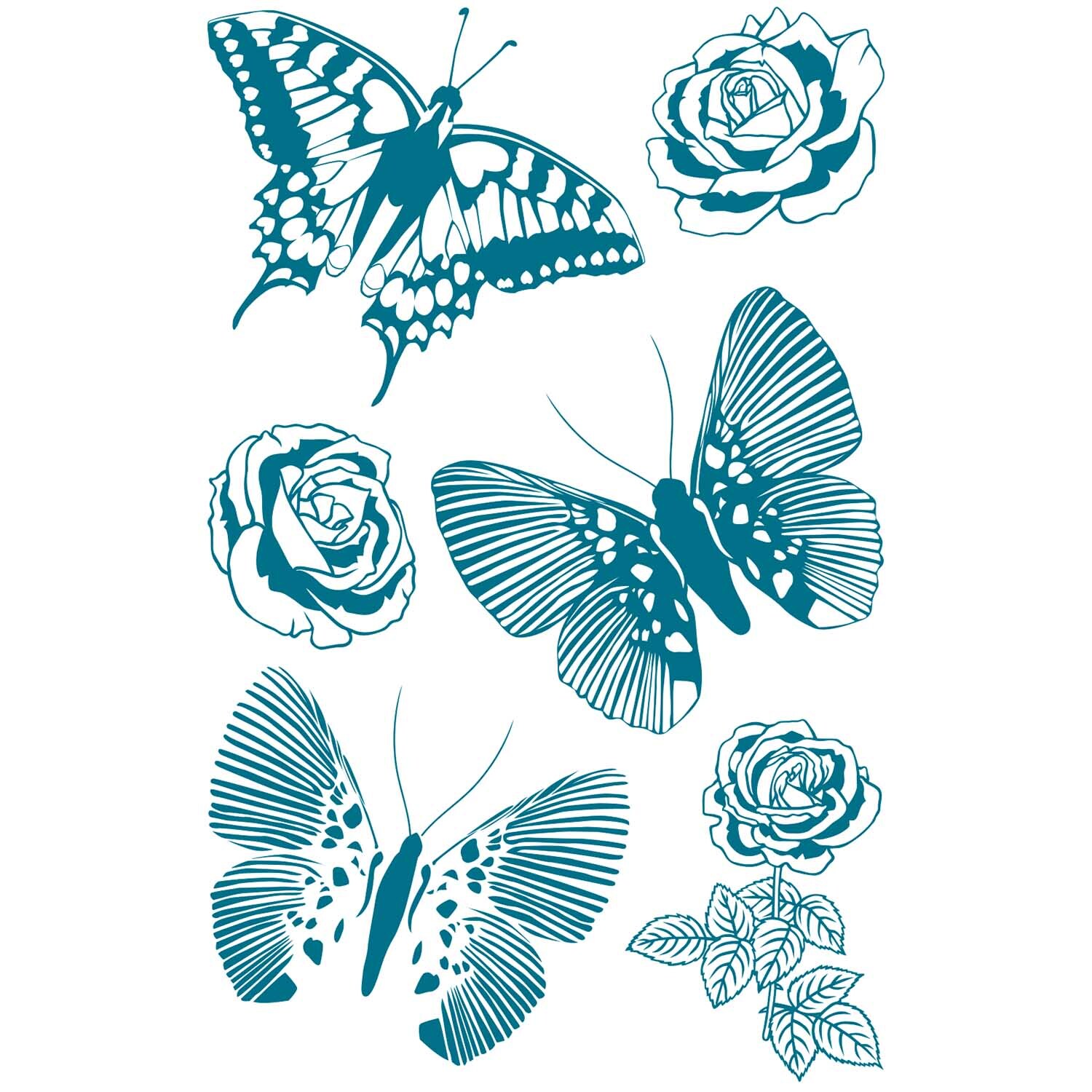 Paper Poetry Silikonstempel Schmetterlinge 8 Motive von Rico Design zeigen filigrane Schmetterlinge und Rosen in Blau. Ideal für kreative Bastelprojekte.