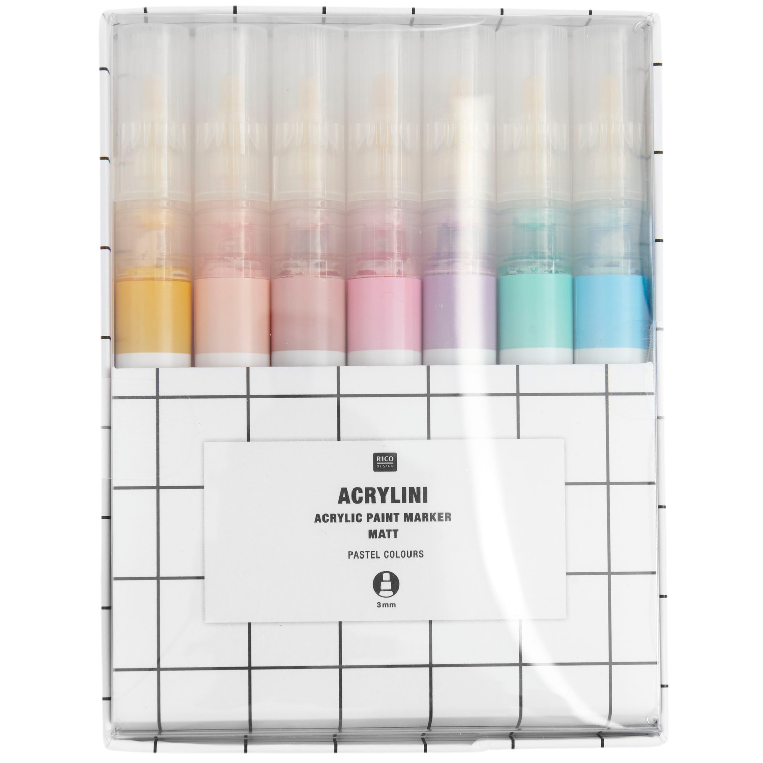 Acrylini Marker Set Pastel Colours, 3mm, 7 Farben. Enthält sanfte Töne in einer transparenten Verpackung. Ideal für kreative Projekte.