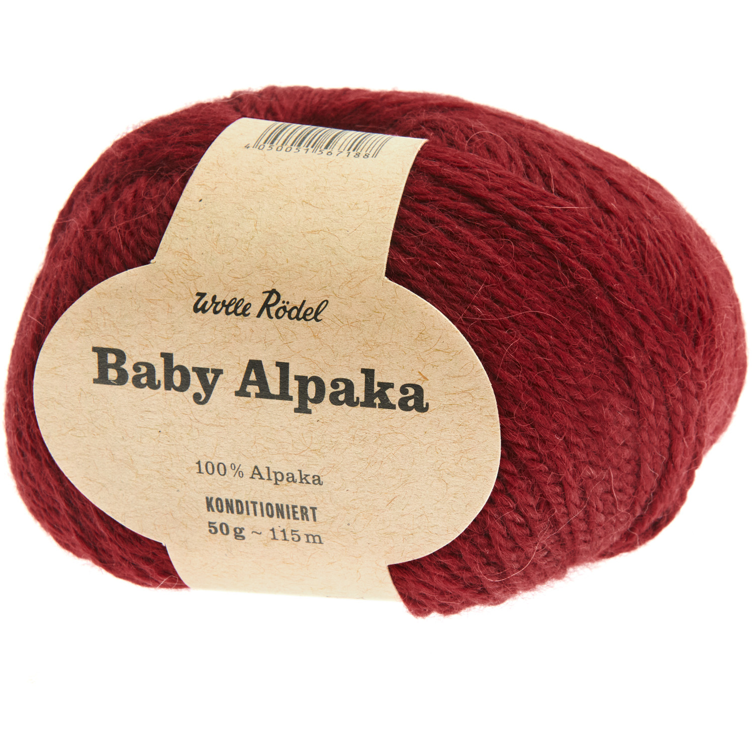 Baby Alpaka Wolle in Bordeaux von Wolle Rödel, 50g Knäuel mit 115m Länge, ideal für Strickprojekte.