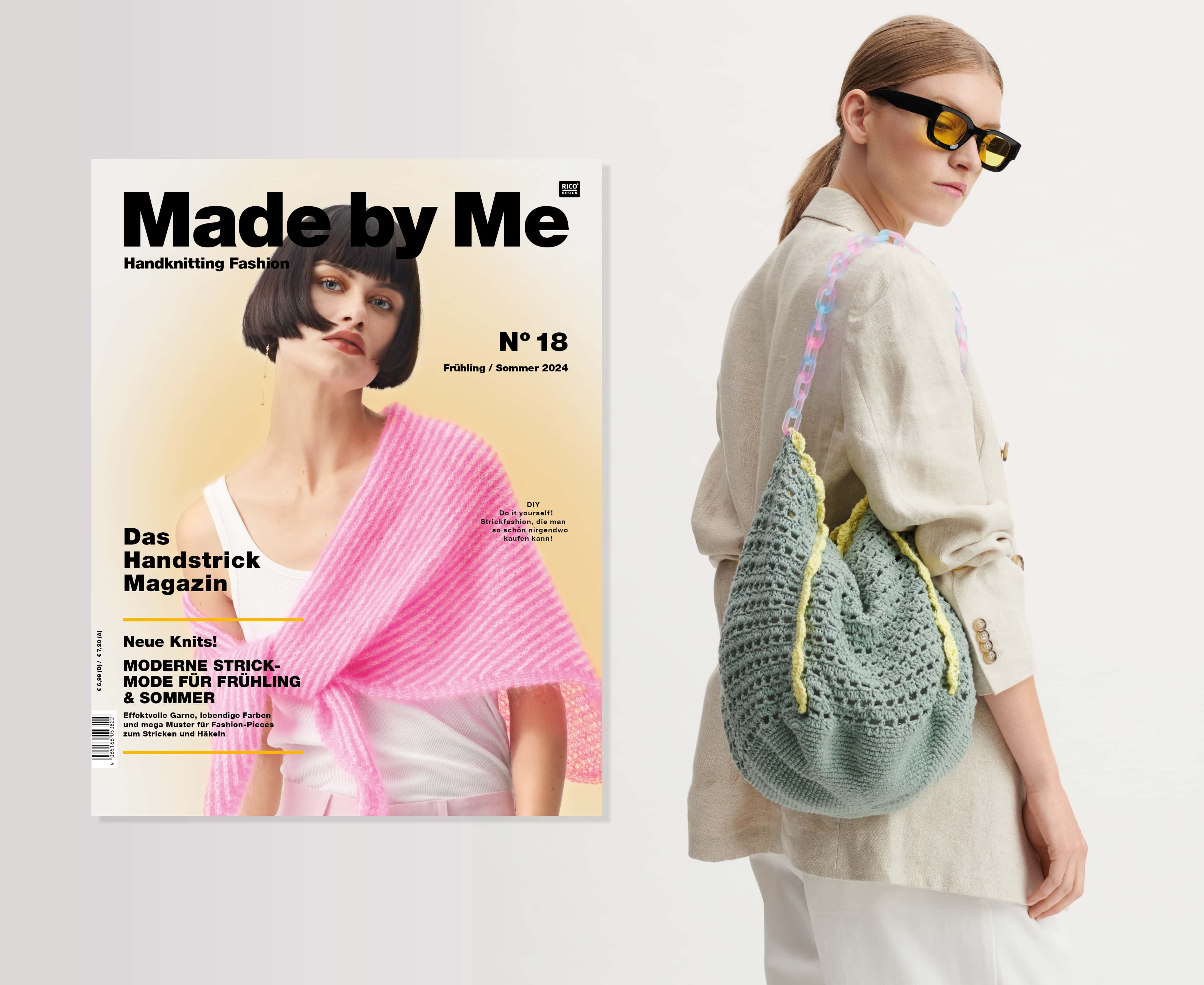 Frau posiert mit gehäkelter Tasche Modell 39 aus Made by Me No. 18 vor grauem Hintergrund. Daneben Cover des Handstrickmagazins Made by Me No. 18