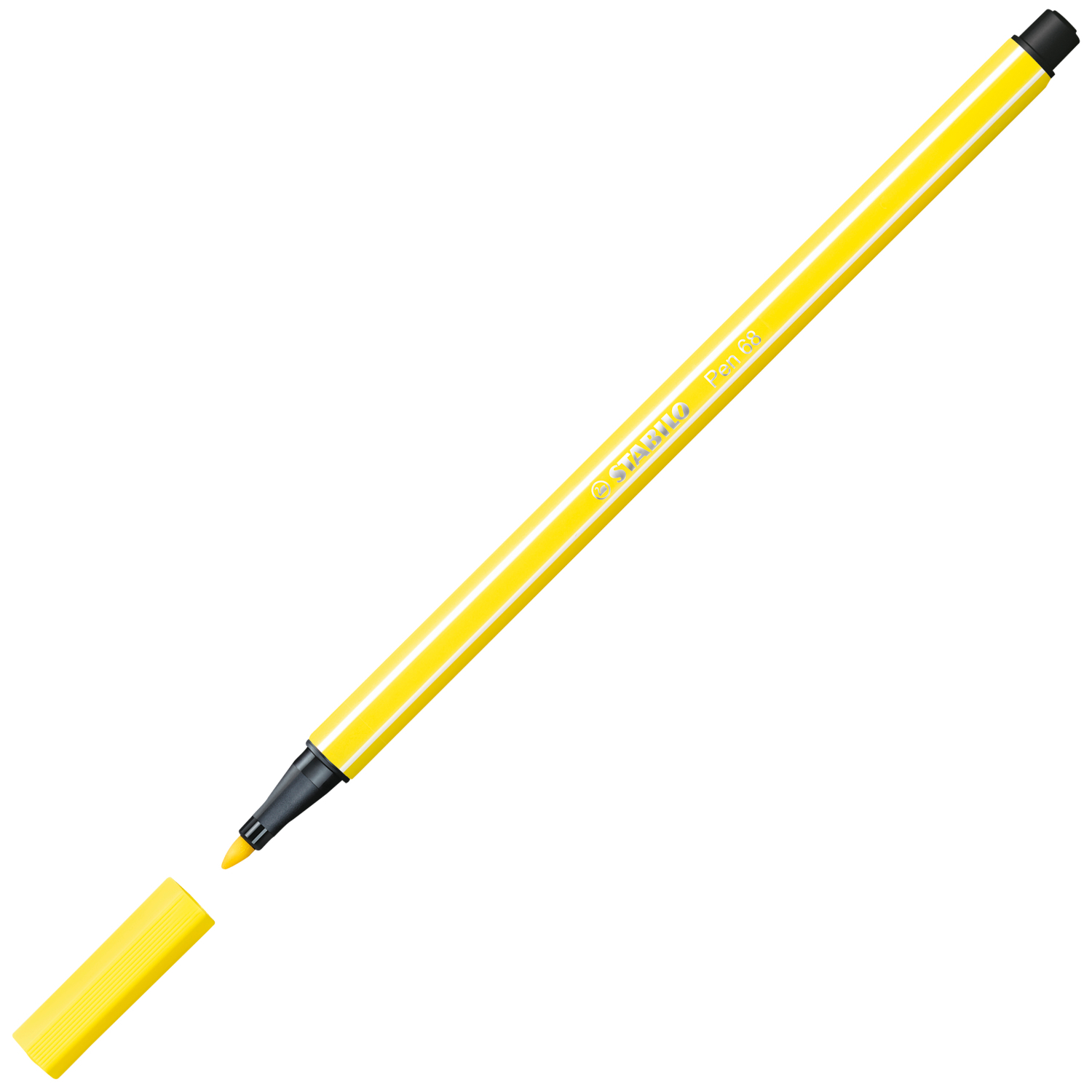 Pen 68 von STABILO in Zitronengelb, abgebildet mit abgenommener Kappe, ideal für kreative Projekte.