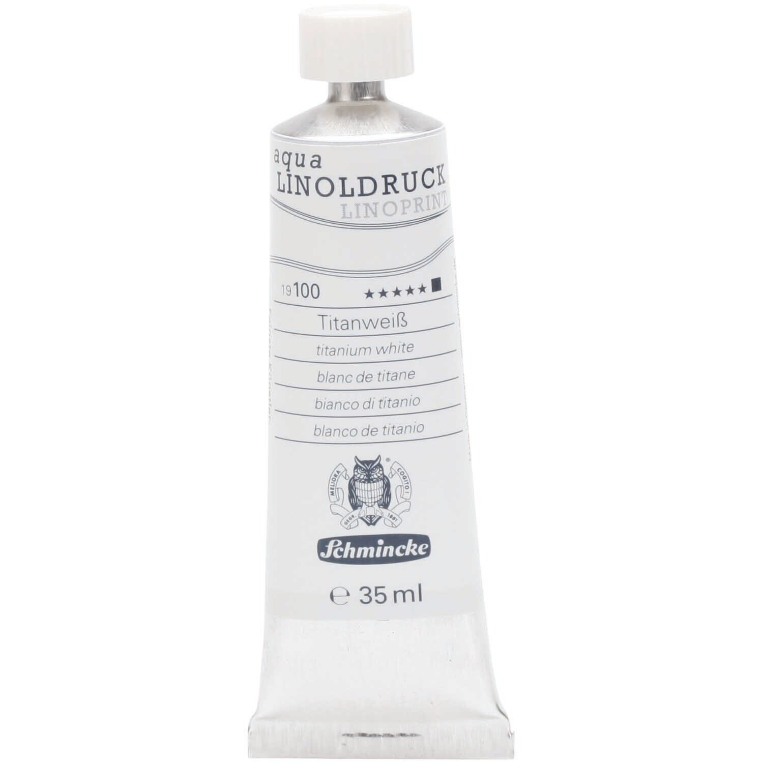 Linoldruckfarbe in Titanweiß von Schmincke, 35ml Tube, ideal für präzise Druckarbeiten.