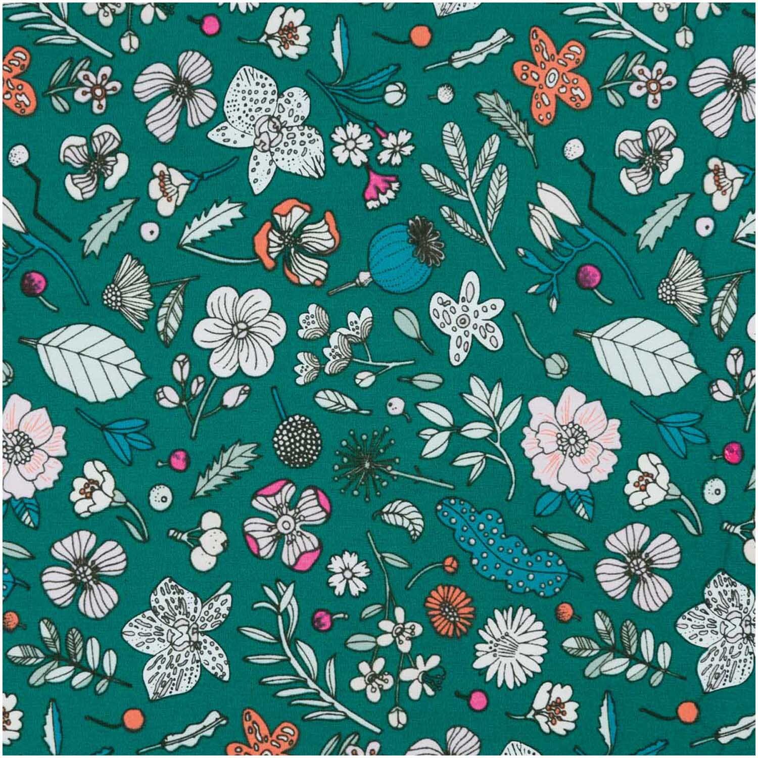 Druckstoff Hygge Blumen grün-neon 140cm zeigt ein florales Muster mit bunten Blüten und Blättern. Ideal für kreative Nähprojekte.
